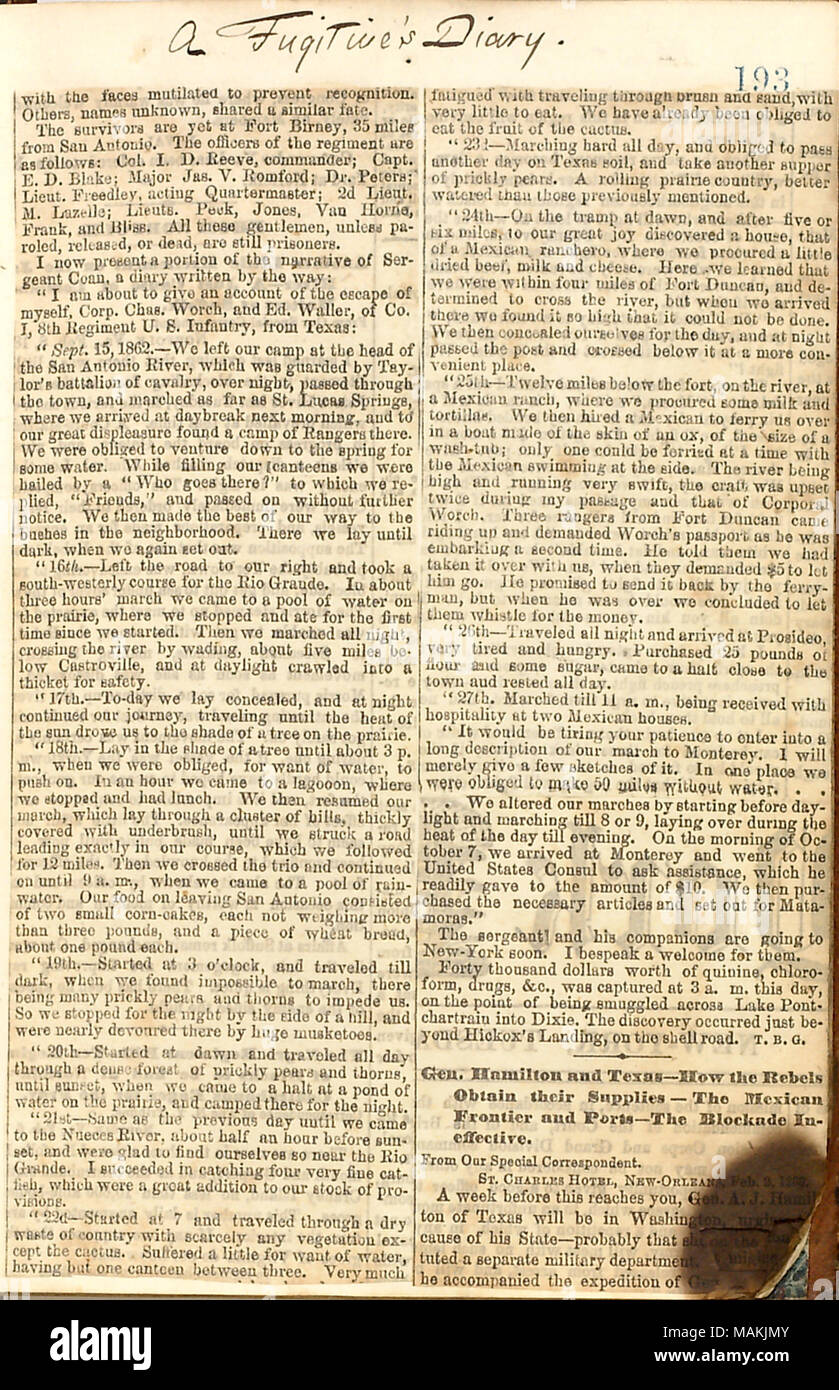 Coupure de journal écrit par Gunn pour le New York Tribune, sur l'arrivée des réfugiés du Texas à La Nouvelle-Orléans. Titre : Thomas Butler Gunn Diaries : Volume 21, page 209, Février 1, 1863 [coupure de presse] . 1 février 1863. Gunn, Thomas Butler, 1826-1903 Banque D'Images