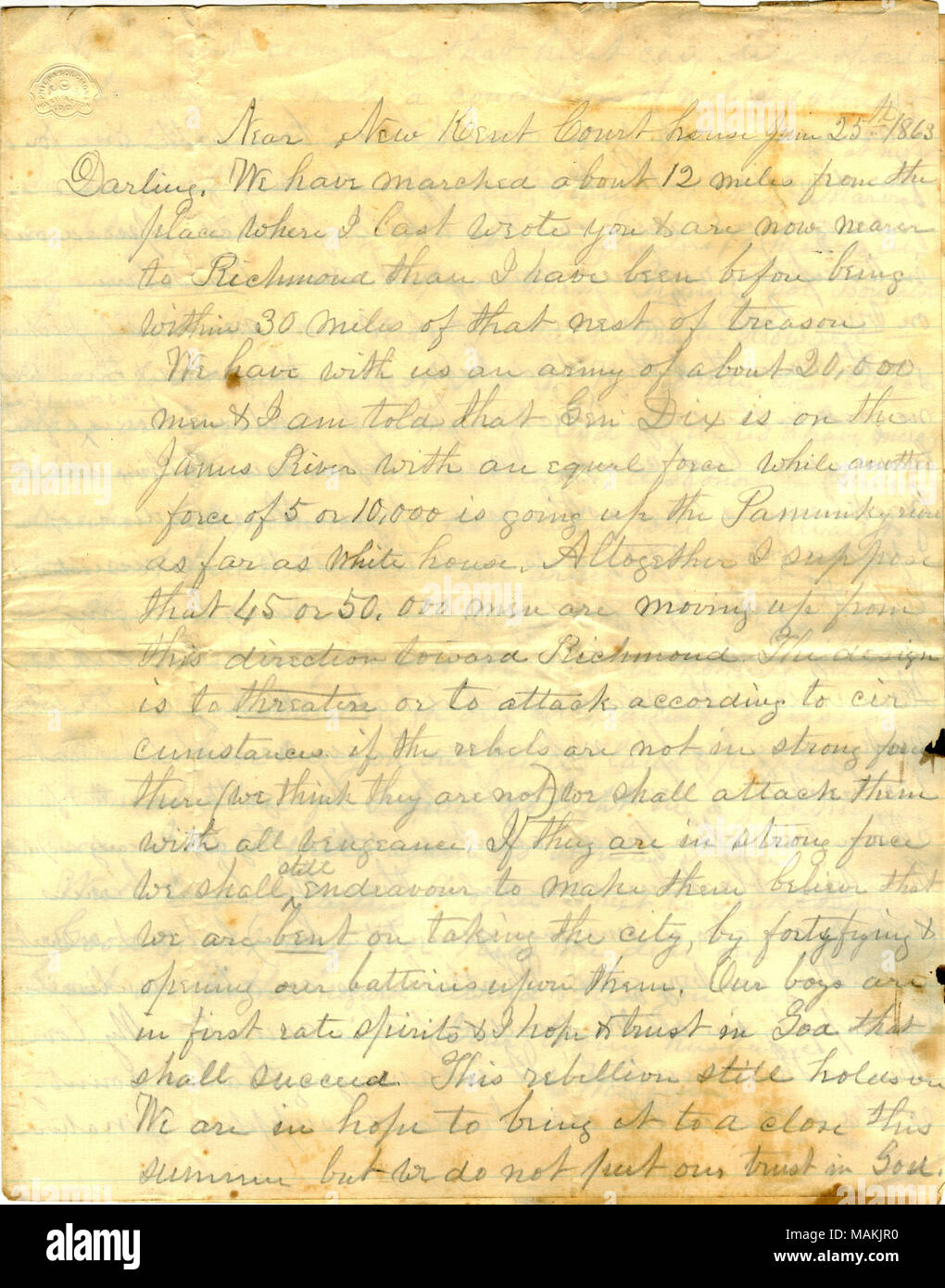 Plans mentionne pour menacer ou attaquer Richmond. Décrit un champ de mûres d'où il et d'autres soldats cueillis. Légales l'ivresse, le jeu, et d'autres "conduite déshonorante" des soldats. L'enveloppe comprend. Titre : lettre signée William S. Moffat, près de New Kent Court House, [à sa femme Mathilde B. Moffat], Dryden, Tompkins Co., NEW YORK, 23 juin 1863 . 23 juin 1863. Moffat, William S., -1898 Banque D'Images