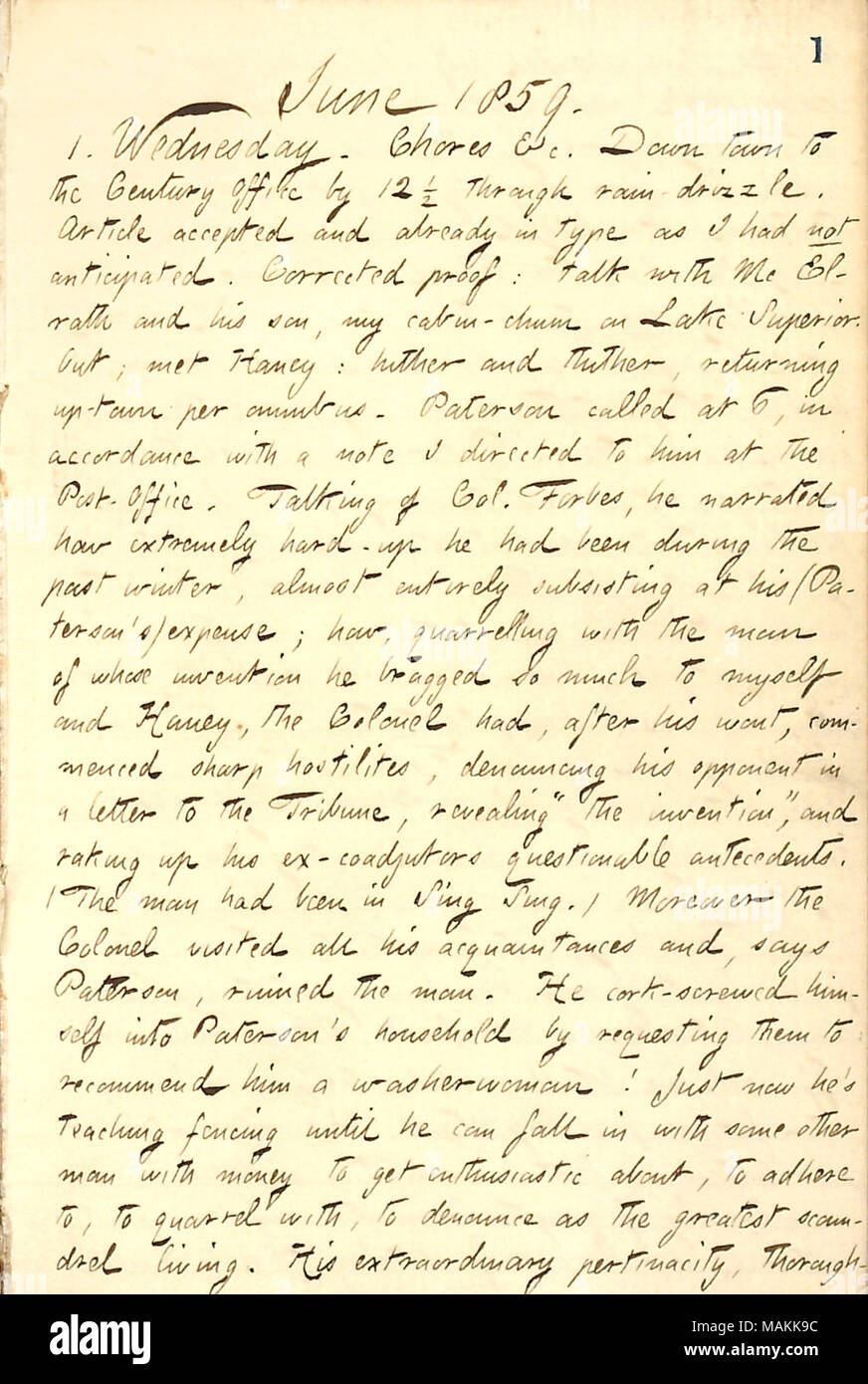 Décrit une conversation avec Thomas Paterson sur le colonel Hugh Forbes. Transcription : juin 1859. 1. Le mercredi. Tâches ménagères &c. Centre-ville à l'Office par 12 siècle à travers la bruine de 1/2. L'article accepté et déjà que je n'avais pas prévu. Corrigé la preuve : parler avec [Thomas] Mc Elrath et son fils [Thomson McElrath], ma cabine-chum sur le lac Supérieur. Out ; rencontré [Jesse] Haney : ici et là, le retour des omnibus par ville. [Thomas] Paterson a appelé à 6, conformément à une note que j'adresse à lui à la Service des postes. Parler du colonel [Hugh] Forbes, il expliqua comment extrêmement dur, il Banque D'Images