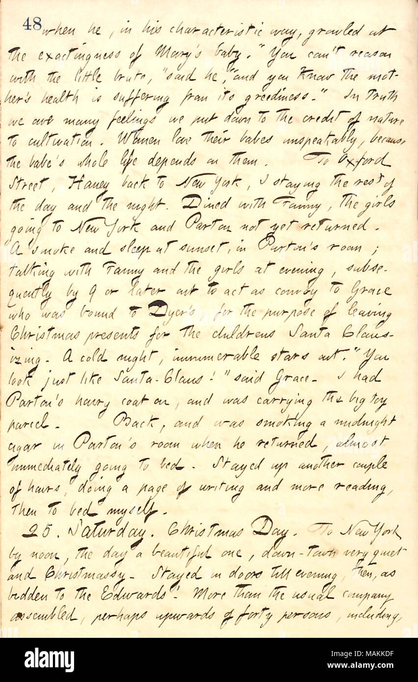 Légales dîner avec Fanny Fern et offrir des cadeaux de Noël à Oliver Dyer's house avec Grace Eldredge. Transcription : lorsqu'il [Alfred Waud], dans sa manière caractéristique, grogna à l'exactingness de Marie [Waud] [bébé Marie Gertrude Waud]. 'Vous ne pouvez pas raisonner avec le peu d'attaque, a dit il, "et vous savez que la santé de la mère est victime de sa gourmandise." En vérité, nous leur devons beaucoup de sentiments nous mettre au crédit de la nature à la culture. Les femmes aiment leurs enfants une indicible, parce que le babe sa vie entière en dépend. De la rue Oxford, [Jesse] Haney retour à New York, j'ai garder le res Banque D'Images