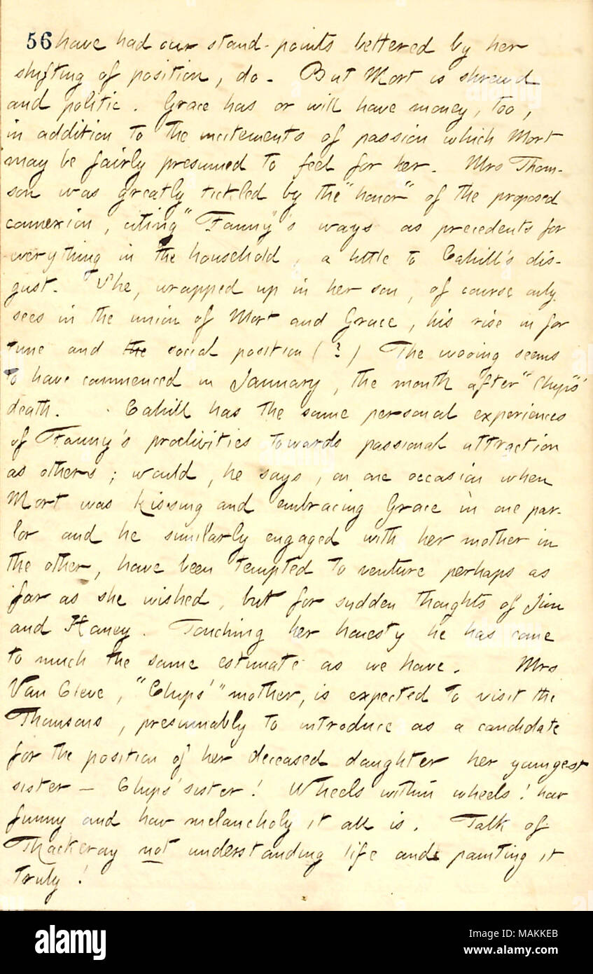 En ce qui concerne les fréquentations de Thomson Mort Grace Eldredge. Transcription : avons eu notre stand-points dépassée par son changement de position, ne. Mais Mort [Thomson] est futé et politique. Grâce [Eldredge] a ou aura l'argent, aussi, en plus de l'incitation de la passion qui peut être assez mort présumée de ressentir pour elle. Mme [Sophy] Thomson était titillé par l'grandement l'honneur du projet de raccordement, citant 'Fanny Fern] [les moyens d''comme des précédents pour tout dans le ménage, un peu de [Frank] Cahill's dégoût. Elle, enveloppé dans son fils, bien sûr ne voit que dans l'union de mort et la grâce, son r Banque D'Images