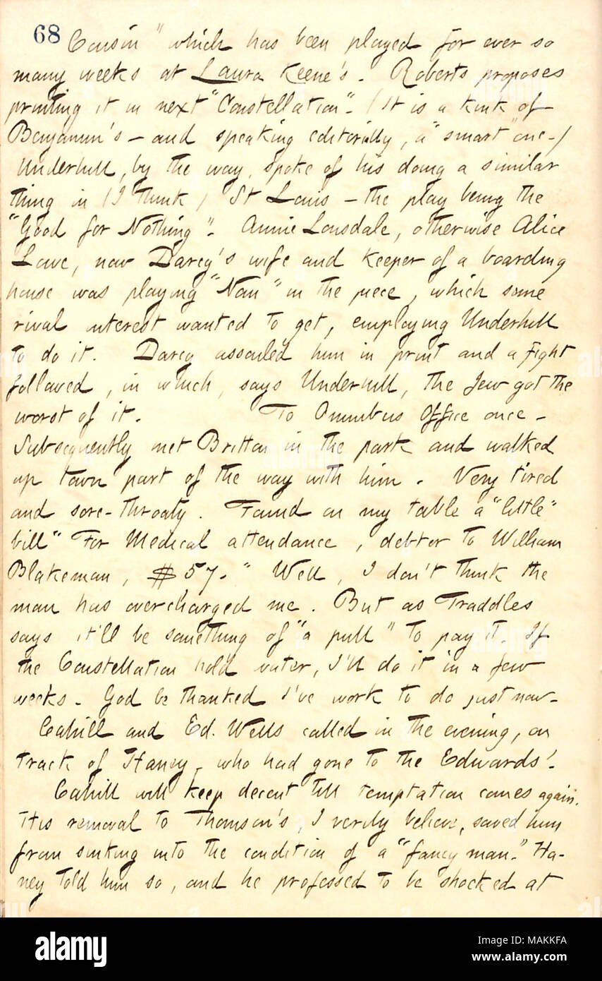 Prétend avoir bénéficié d'un projet de loi à partir de la dr pour 57 $. Ghislain Bégin Transcription : Cousin' qui a été joué pendant plus d'un si grand nombre de semaines à Laura Keene's. Roberts propose de l'imprimer en suivant 'DConstellation.' (c'est un nœud de [Park] Benjamin's ? Et en parlant de rédacteur, d'un 'Smart' un.) [ED] Underhill, d'ailleurs, a parlé de sa faire une chose semblable à (je pense) St Louis ? Le jeu étant le 'bon à rien." Annie Lousdale, sinon Alice Lowe, John [maintenant] la femme de Darcy et gardien d'une maison 'jouait boading Nan' dans la pièce, laquelle certains intérêts rivaux voulait obtenir, employant Underhill de le faire. Darc Banque D'Images