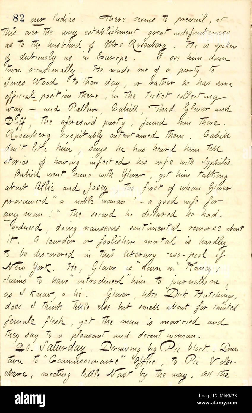 Commentaires sur M. Rosenberg et Thad Glover. Transcription : nos chers. Il semble prévaloir, à cette date sur la façon création grande imprécision quant à l'époux de Mme Rosenberg. Il est parlé de douteusement qu'en Europe. Je le vois en ville de temps en temps. Il a fait partie d'une partie à Jones à bois ?ther jour, ou plutôt qu'il a de position officielle, il y a dans le ticket moyen de perception ? [Et] Frank Bellew, [Frank] Cahill, Thad Glover et Duff, ladite partie, l'a trouvé là. Bien reçus les divertir Rosenberg. Cahill don ?t comme lui, dit qu'il a entendu raconter des histoires d'infec Banque D'Images