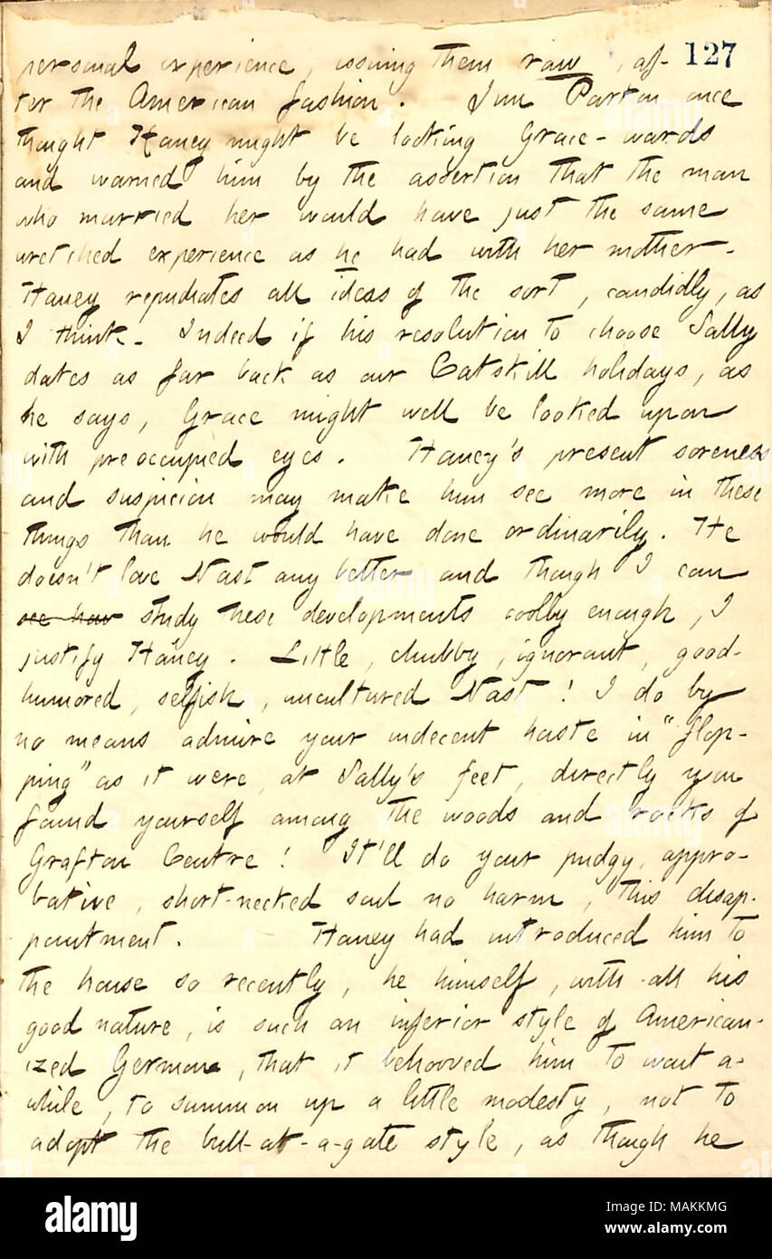 En ce qui concerne Thomas Nast's courtisant de Sally Edwards. Transcription : l'expérience personnelle, l'émission du cru, après l'American fashion. Jim Parton une fois pensé [Jesse] Haney peut-être à la recherche Grace [Eldredge]-paroisses et averti par l'affirmation que l'homme qui avait épousé sa n'aurais pas la même expérience misérable qu'il avait avec sa mère [Fanny Fern]. Haney désavoue toutes les idées du genre, franchement, comme je pense. En effet, si sa résolution à choisir Sally [Edwards] remonte aussi loin que nos vacances Catskill, comme elle le dit, la grâce pourrait bien être regardée avec les yeux préoccupés. Haney présent dors Banque D'Images