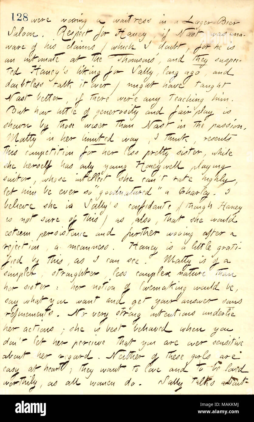 Quant à Sally et Matty Edwards. Transcription : ont été courtisant une serveuse dans un Lager Bier Saloon. Respect de [Jesse] Haney, si [Thomas] Nast n'était pas au courant de ses revendications (ce dont je doute, car il est un intime à l'Thomsons ?, et ils suspectted Haney ?s aimer pour Sally [Edwards], il y a longtemps, et sans doute en parler) peut avoir appris à Nast mieux, s'il y avait des lui enseigner. Mais le peu de générosité et l'équité des jeux est illustré par ceux plus sage que Nast dans la passion. Matty [Edwards] dans sa manière limitée, je pense, représente ce concours pour sa sœur, moins joli alors qu'elle a elle-même seulement Banque D'Images