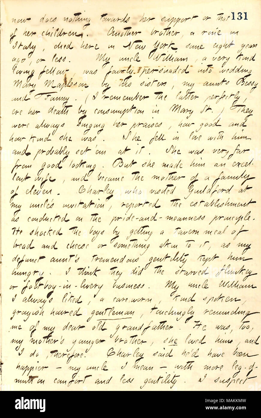 Au sujet de son oncle William Butler et sa tante Mary Butler. Maintenant : Transcription [John] Mapleson ne fait rien à son égard [Annie Mapleon ?s] ou celle de ses enfants. Un autre frère, une roue en Italie, est mort ici à New York il y a environ huit ans, ou moins. Mon oncle William [Butler], très gentil, aimant était assez convaincu dans Mary mariage par les soeurs Mapleson, mes tantes Bessy et Fanny. (Je me souviens parfaitement ce dernier, avant sa mort par la consommation dans la rue Mary) Ils étaient toujours chanter ses louanges, comme c'est bon et comment elle a été genre. Elle est tombée en amour avec lui et probablement réglé ?em à i Banque D'Images