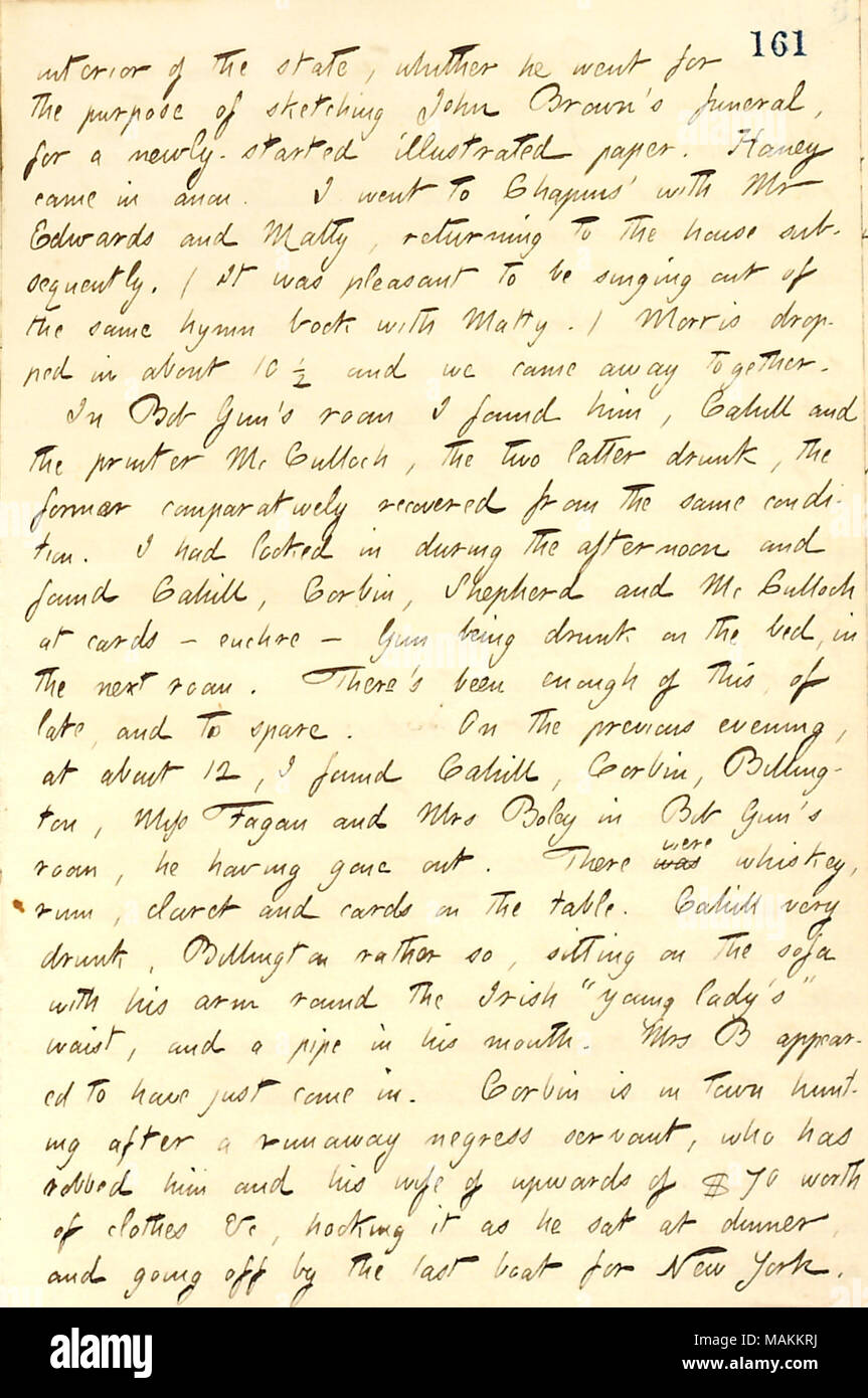 Décrit la scène à sa pension de famille. Transcription : l'intérieur de  l'État, où il [Thomas Nast] est allé dans le but de dessiner John Brown ?s  funérailles, pour un nouveau départ