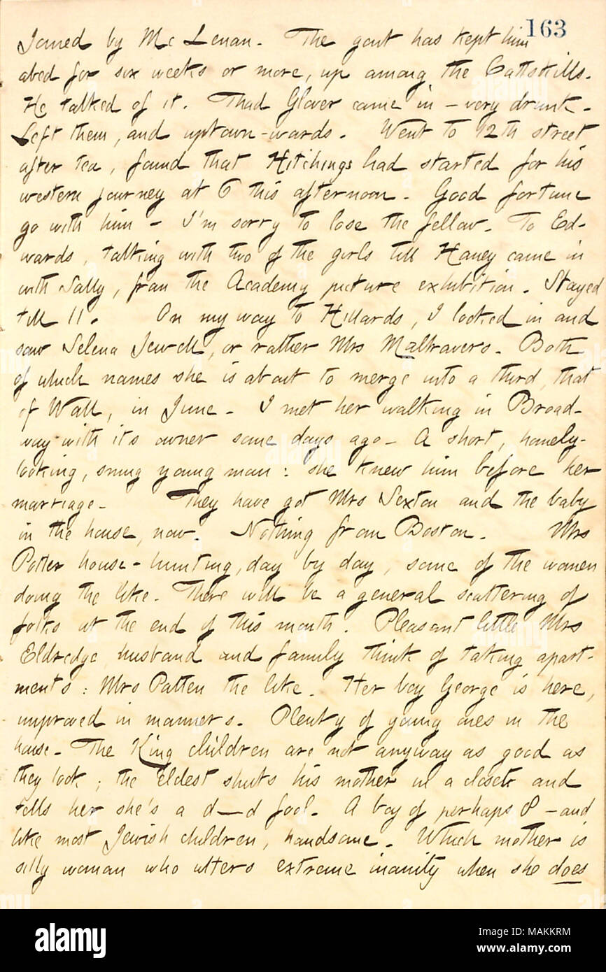 En ce qui concerne sa propriétaire Catharine Potter la chasse pour une nouvelle pension de famille. Transcription : rejoint par [John] Mc Lenan. Le gout lui a permis abed pendant six semaines ou plus, jusqu'au sein, le Cattskills. Il a parlé d'elle. Thad Glover est venu dans ? Très ivre. Les quitta, et uptown-quartiers. Allé à 12ème rue après le thé, a conclu que [Henry] Hitchings avait commencé pour sa route à 6 cet après-midi. Bonne fortune aller avec lui ? Je suis désolé de perdre l'autre. D'Edwards, de parler avec deux des filles [Eliza et Matty Edwards] à [Jesse] Haney est entré avec Sally [Edwards], de l'Académie photo exhibitio Banque D'Images
