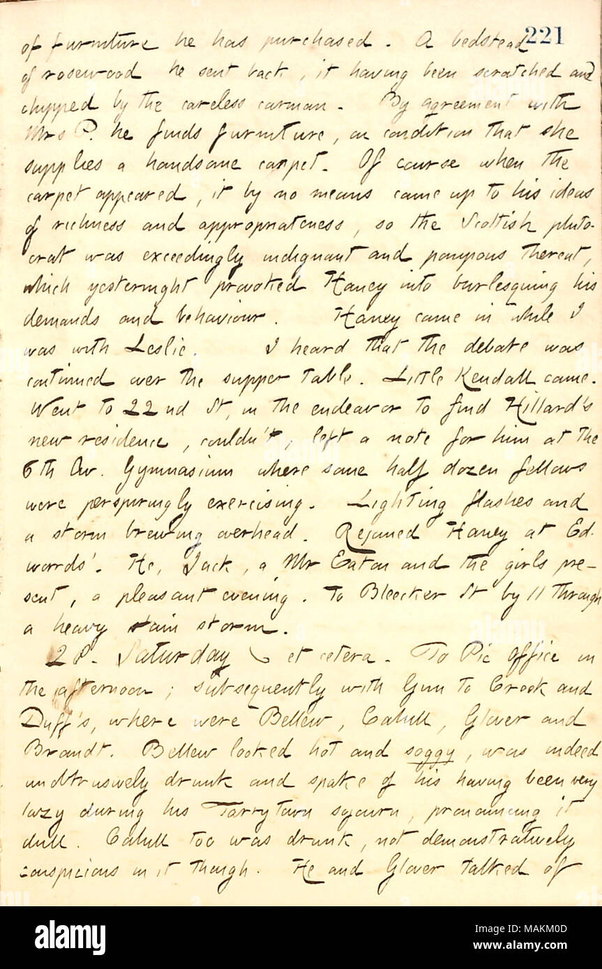 En ce qui concerne William Leslie dans ses efforts pour trouver des meubles pour meubler Catharine Potter's nouvelle pension de famille. Transcription : des meubles qu'il [William Leslie] a acheté. Un lit de bois de rose il renvoya, ayant été rayé et ébréchée par l'imprudence Carman. En accord avec Mme P. [Catharine Potter] il trouve le mobilier, à condition qu'elle fournit un beau tapis. Bien sûr, lorsque le tapis est apparu, il n'en est venu jusqu'à ses idées de richesse et d'approbativeness, de sorte que le Scottish plutocrat était extrêmement indigné et pompeux therat, qui la nuit dernière a provoqué [Jesse] Haney int Banque D'Images