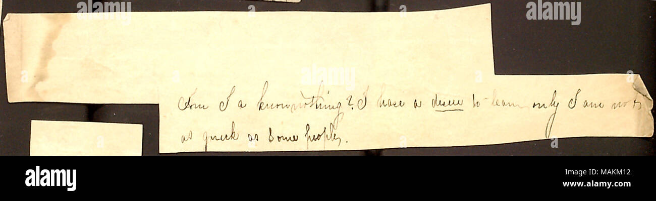 Fragment de manuscrit, peut-être écrit par Matty Edwards. Transcription : Suis-je ne sais rien ? J'ai un désir d'apprendre que je ne suis pas aussi rapide que certaines personnes. Titre : Thomas Butler Gunn Diaries : Volume 11, page 238, ca. [1859] fragment manuscrit . vers 1859. Haney, Martha Edwards, environ 1843- Banque D'Images