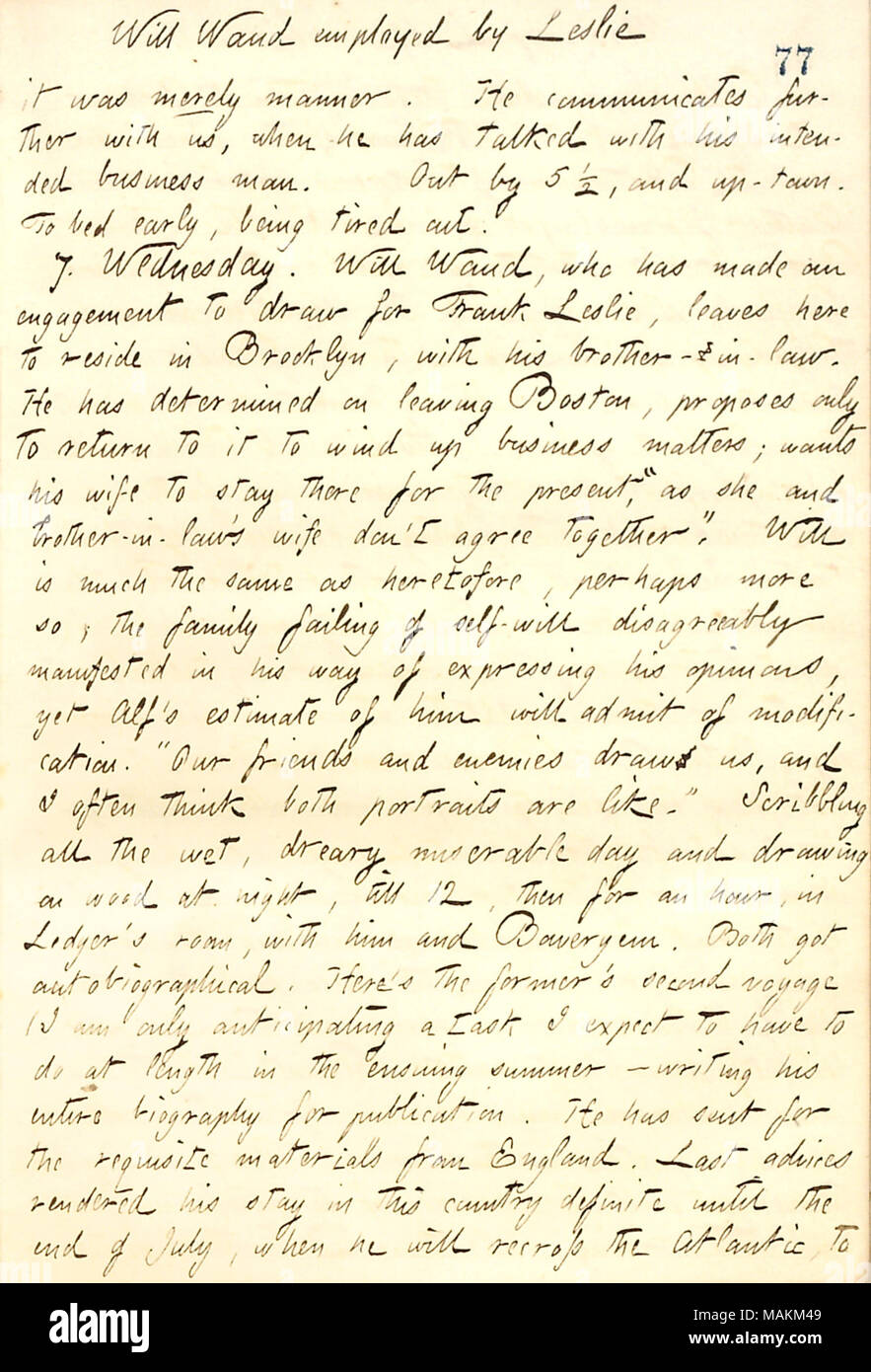 Mentionne que William Waud a été engagé pour dessiner pour Frank Leslie's Illustrated Newspaper. Transcription : est employé par Waud [Frank] Leslie c'était simplement possible. Il [Charles Briggs] communique davantage avec nous, lorsqu'il a parlé avec son homme d'affaires. Par 5 1/2, et la ville. Au lit tôt, la fatigue. 7. Le mercredi. Waud va, qui a fait un engagement à tirer pour Frank Leslie, laisse ici à résider à Brooklyn, avec son beau-frère. Il a décidé de quitter Boston, propose qu'à revenir à des questions d'affaires, veut que son épouse [Sarah] Waud à rester ther Banque D'Images