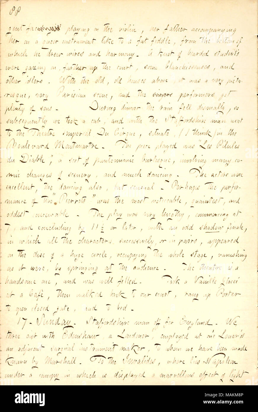 Décrit la participation à une performance théâtrale à Paris. Transcription : gent face fille jouant du violon, son père qui l'accompagnent sur un étrange instrument comme d'un violon, la graisse du fond de laquelle il appelle les fils et l'harmonie. Un nœud d'étudiants barbus' ont été regardant sur, plus haut sur la cour, quelques Clanchisseuses, et d'autres rouleaux. Avec l'ancien, des maisons anciennes au-dessus, c'était une très, très pittoresque, scène parisienne, et les chanteurs interprètes beaucoup de sous. Pendant le dîner, la pluie tomba lamentablement, par la suite nous avons pris un taxi, et avec le Staffordshire homme arriva à la Theatre Imperial du Ci Banque D'Images