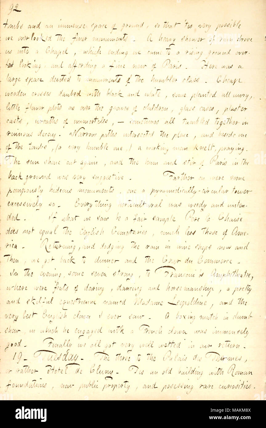 Décrit une visite au cimetière du Père-Lachaise à Paris. Transcription : tombes et d'un espace immense de la masse, de sorte qu' + ?- ?- ?tis très possible nous donnait sur le finer monuments. Une douche de pluie nous a conduit dans une chapelle, la fin qui nous sommes arrivés à une élévation du niveau de la plus grande à la plus fine, et offrant une vue sur Paris. Ici était un grand espace consacré aux monuments de la classe plus humbles. Croix de bois bon marché barbouillés de noir et blanc, certains plantés tous les travers, petite fleur de parcelles sur les tombes d'enfants, des vitrines, des plâtres, des couronnes d'immorteles, ? Parfois, tous mélangés ensemble en ruine Banque D'Images