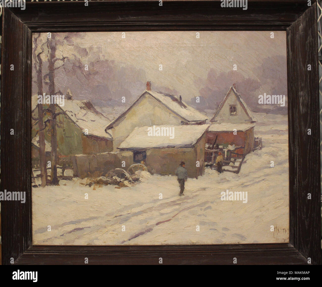 Peinture à l'huile d'un paysage d'hiver avec la neige a couvert de bâtiments par William F. Matthews Titre : Peinture d'un paysage d'hiver par William F. Matthews . vers 1910. Matthews, William F. Banque D'Images