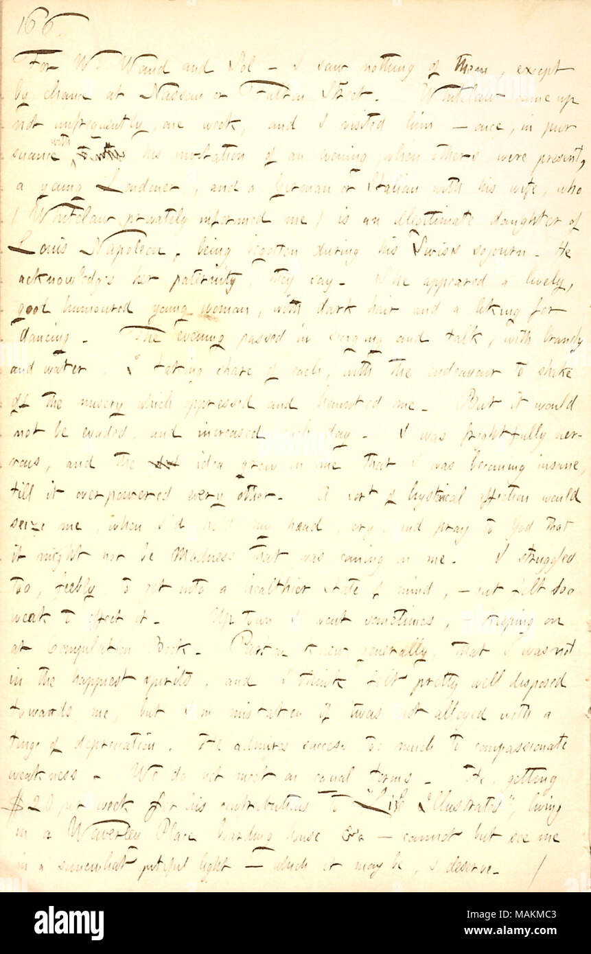 Réunion mentionne une fille illégitime de Louis Napoléon. Pour : Transcription Waud W. et Sol [Eytinge] ? Je n'ai rien vu d'eux, sauf par hasard à Nassau ou Fulton Street. [Matthieu] Whitelaw est arrivé assez souvent, une semaine, et je lui ai rendu visite ? Une fois, en application avec à savoir son invitation d'un soir, quand les autres étaient présents, un jeune Londonien, et un Allemand ou Italien avec sa femme, qui m'a fait savoir en privé (Whitelaw) est la fille illégitime de Louis Napoléon, être engendré durant son séjour en Suisse. Il reconnaît sa paternité, qu'ils disent. Elle est apparue un quartier animé, de bonne humeur Banque D'Images