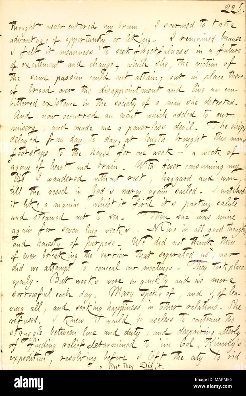 Comprend la lettre Alfred Waud a écrit à Mme Jewell, expliquant comment il s'est enfuie avec sa fille, Mary. Transcription : pensée n'est jamais entré dans mon cerveau, j'ai dédaigné de tirer parti des chances ou de goût. Je suis restée parce que j'ai pensé qu'il l'avarice de chercher l'oubli dans un avenir d'excitation et de changement, qu'elle [Marie] Brainard, victime de la même passion n'a pas pu atteindre, mais à la place il y a plus de couvain de la déception et de vivre une existence pleine d'amertume dans la société d'un homme [Albert Brainard] elle détestait. Et maintenant s'est produit un événement qui ajouté à notre misère, et fait de moi un impuissant de Banque D'Images