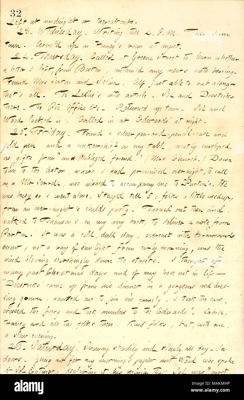 Décrit les événements du jour de Noël, y compris une visite à James Parton et sa famille. Gauche : transcription à minuit environ. 23. Le mercredi. L'écriture jusqu'à 4. H puis centre ville. [George] Arnold dans [Jesse] Haney chambre la nuit. 24. Jeudi. Appelé à Greene Street pour savoir si une lettre que j'ai quitté, de Boston, contenait des news qui en vaut la peine. Trouvé Mme [Nelly] Sexton et Selina [Jewell]. Waud [Alf] juste en mesure de se frotter le long ? C'est tout. [À] Frank Leslie's avec l'article. [Sol] Doesticks Eytinge et [Mortimer Thomson] là. Le Bureau Pic &c. Retourné jusqu'ville. Sol et [John A.] W Banque D'Images