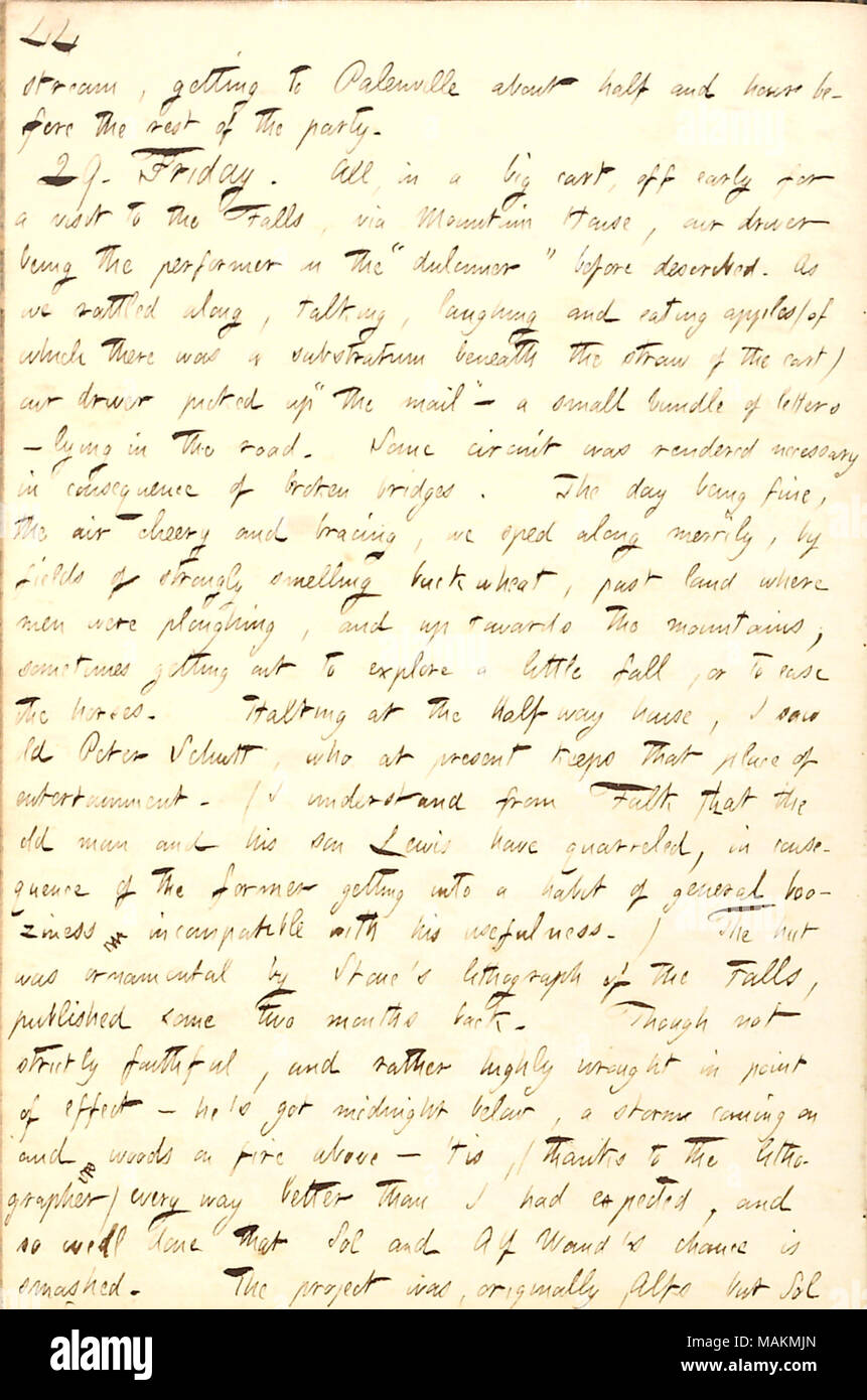 Décrit une visite à la tombe à la Catskills. Transcription : flux, se rendre à Palenville sur une demi-heure avant le reste de la partie. 29. Vendredi. Tous, dans un grand panier, tôt pour une visite des chutes, via Mountain House, notre pilote à l'exécutant sur le ulinner'd' avant de décrire. Comme nous l'ébranlé le long, parler, rire et manger des pommes (il y a un substrat sous la paille du panier) notre chauffeur pris 'la poste' ? Un petit paquet de lettres ? Couché dans la route. Un circuit a été rendue nécessaire à la suite de brisures de ponts. La journée étant fine, l'air Banque D'Images