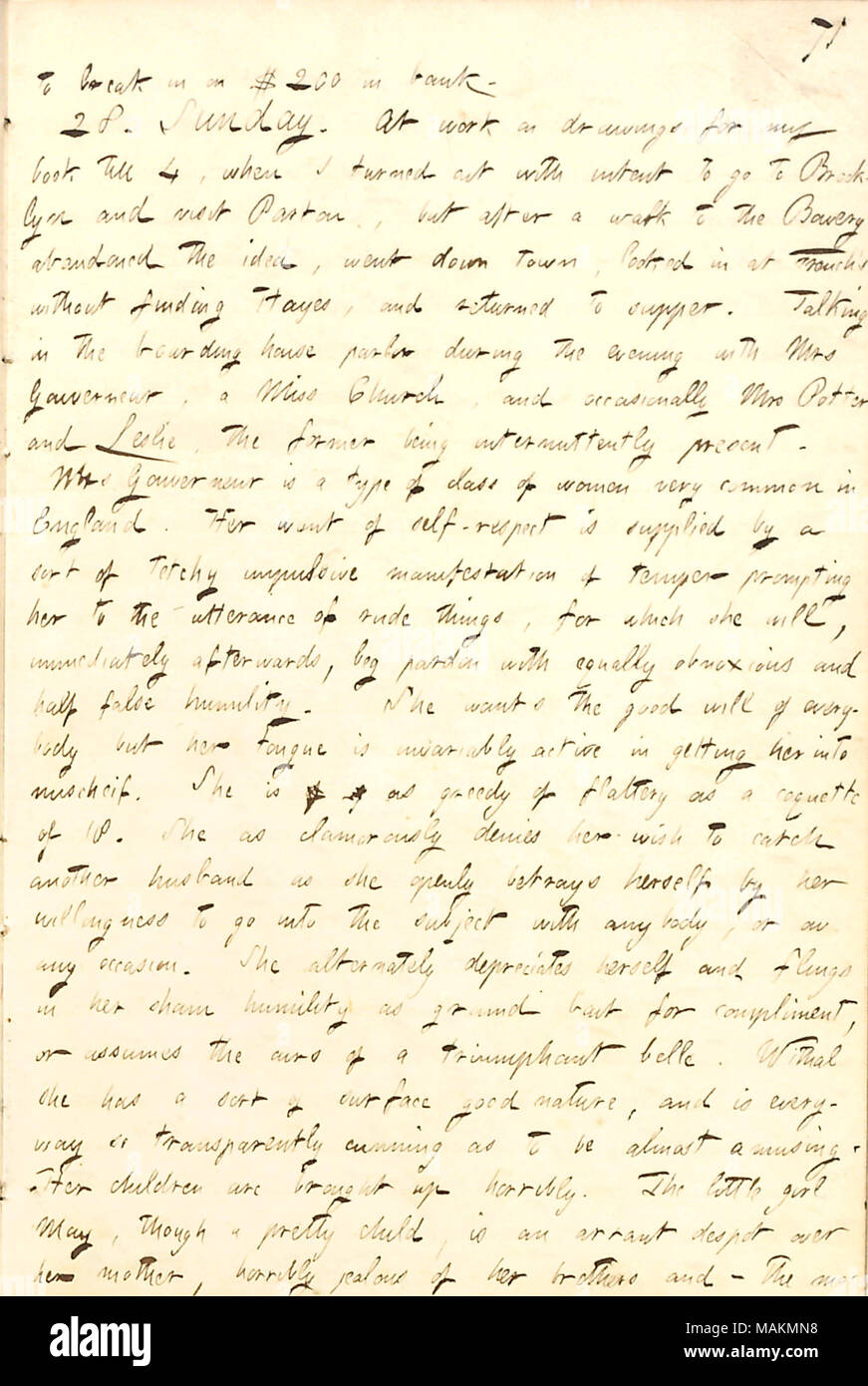 En ce qui concerne Elizabeth Gouverneur la personnalité. Transcription : d'effraction sur 200 $ en banque. 28. Dimanche. Au travail sur les dessins pour mon livre jusqu'à 4, quand j'ai tourné avec l'intention d'aller à Brooklyn et visiter [James] Parton, mais après une promenade à la Bowery abandonné l'idée, a regardé dans le centre-ville, à la française sans trouver Hayes, et retourné à l'heure du souper. Dans l'internat parler parlor durant la soirée avec Mme [Elizabeth] Gouverneur, une église, et de temps en temps Mlle Mme [Catharine] Potter et [William] Leslie, les premiers étant présents de façon intermittente. Mme Gouverneur est un type de classe de wom Banque D'Images
