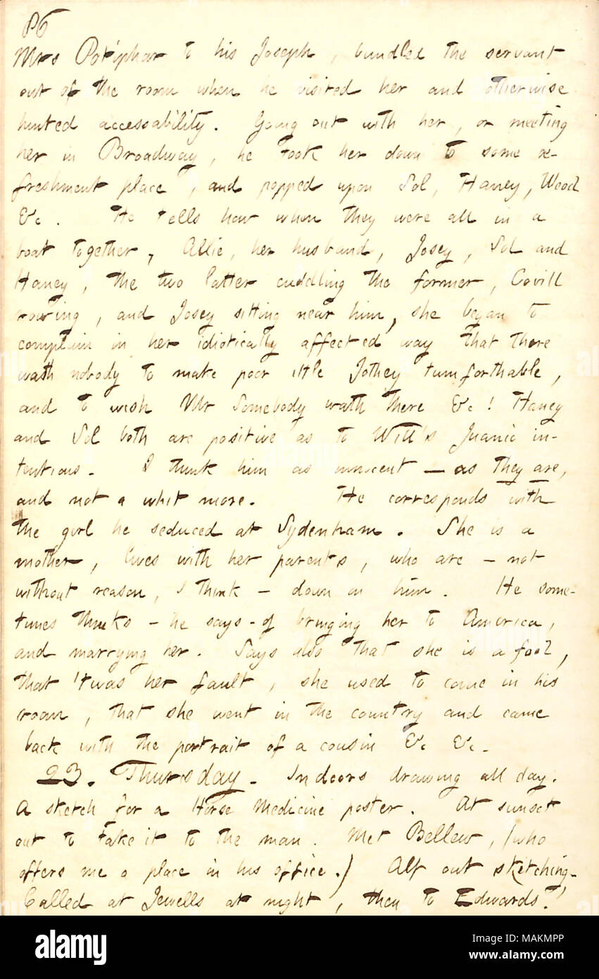 En ce qui concerne l'histoire de l'Alf Waud de son frère va avec Josey Vernon. Transcription : Mme Portiphar [Josey Winship] à son Joseph [William Waud], livré le serviteur de la pièce quand il lui ont rendu visite et laissé entendre autrement. l'accessibilité Sortir avec elle, ou sa réunion à Broadway, il a pris son dû à un lieu de rafraîchissement, et a sauté sur sol [Eytinge], [Jesse] Haney, [John A.] Bois &c. Il raconte que lorsqu'ils étaient tous dans un même bateau, Allie [Vernon], [son mari] Lemuel Covell, Josey, sol et Haney, les deux derniers de câliner l'ex, Covill, rugissant et Josey assis près de hi Banque D'Images