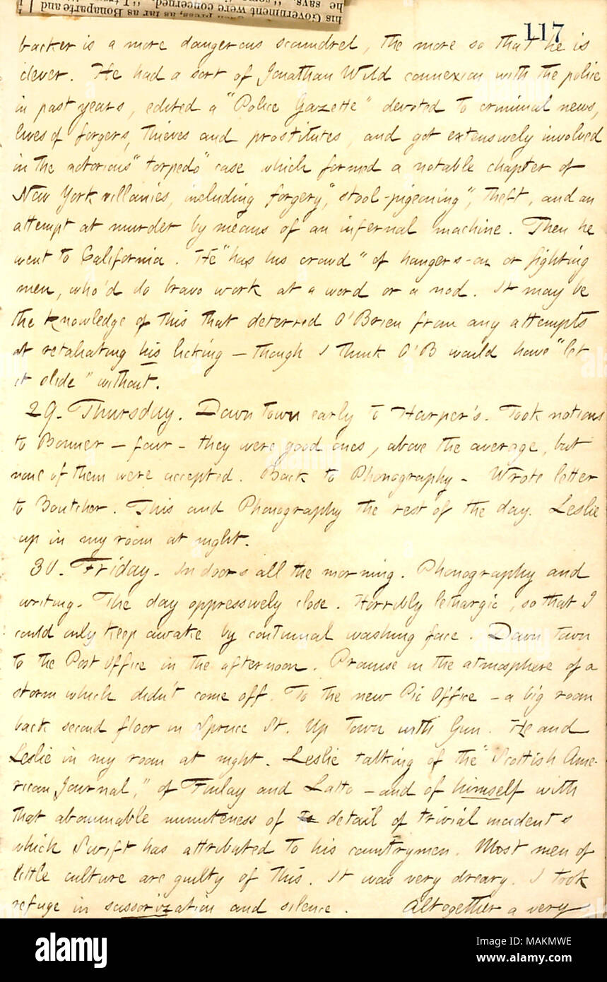 Mentionne la feud entre John Darcy et Bernard Ullmann. Transcription : backer est plus dangereux, d'autant plus fourbe qu'il [George] Wilkes est intelligent. Il a une sorte de Jonathan Wild connexion avec la police au cours des dernières années, a édité une gazette "Police" consacré à l'actualité criminelle, vie des faussaires, des voleurs et des prostituées, et s'est largement impliqué dans le fameux 'torpedo' affaire qui a formé un chapitre remarquable de New York villanies, y compris la falsification, outil-pigeoning «', le vol, et une tentative de meurtre par le biais d'une machine infernale. Puis il est allé en Californie. Il 'a sa foule' de hanger Banque D'Images