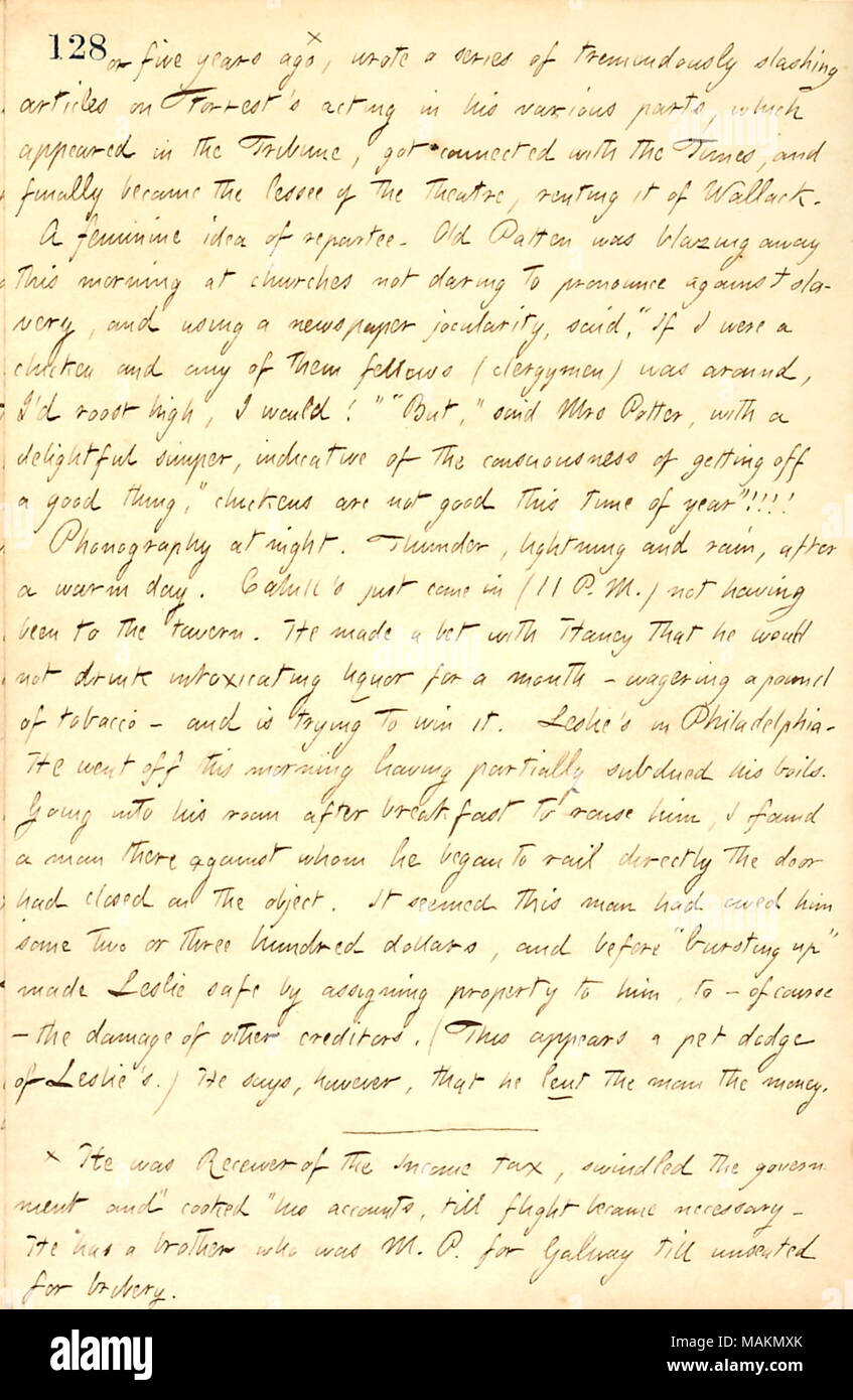 Sur un pari entre Frank Cahill et Jesse Haney de Cahill à arrêter de boire pendant un mois. Transcription : ou il y a cinq ans[x], [C.D. Stuart] a écrit une série d'articles sur slashing énormément [Edwin] Forrest's agissant en ses différentes parties, qui a paru dans la tribune, s'est connecté avec le temps, et est finalement devenu le lesee du théâtre, location de [James William ?] Wallack. Un idée de la répartie. [Vieux] Willis Patten flambait loin ce matin dans des églises sans oser se prononcer contre l'esclavage, et en utilisant un journal jocularity, a dit "Si j'étais un poulet et l'un d'entre eux Banque D'Images