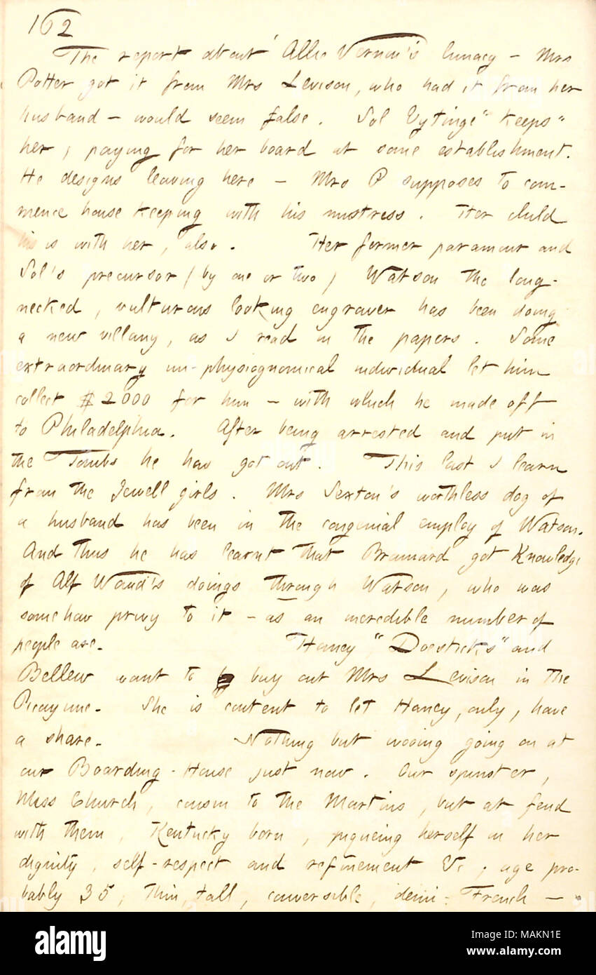 En ce qui concerne Mlle Church's mariage prochain de M. Andreotti. Transcription : le rapport sur l'Vernon Allie lunacy ? Mme [Catharine] Potter tenait de Mme [Mary] Levison, qui avait il de son mari [William Levison] ? Semble faux. Sol Eytinge 'conserve' elle, payer pour son administration à certains établissements. Il conçoit en laissant ici ? Mme P suppose de commencer le ménage avec sa maîtresse. Son enfant est avec elle, aussi. Son ancien amant et Sol le précurseur (par un ou deux) [John] Watson le long col, vulturous à graveur a fait un nouveau villany, comme je l'ai lu dans les journaux. Certains e Banque D'Images