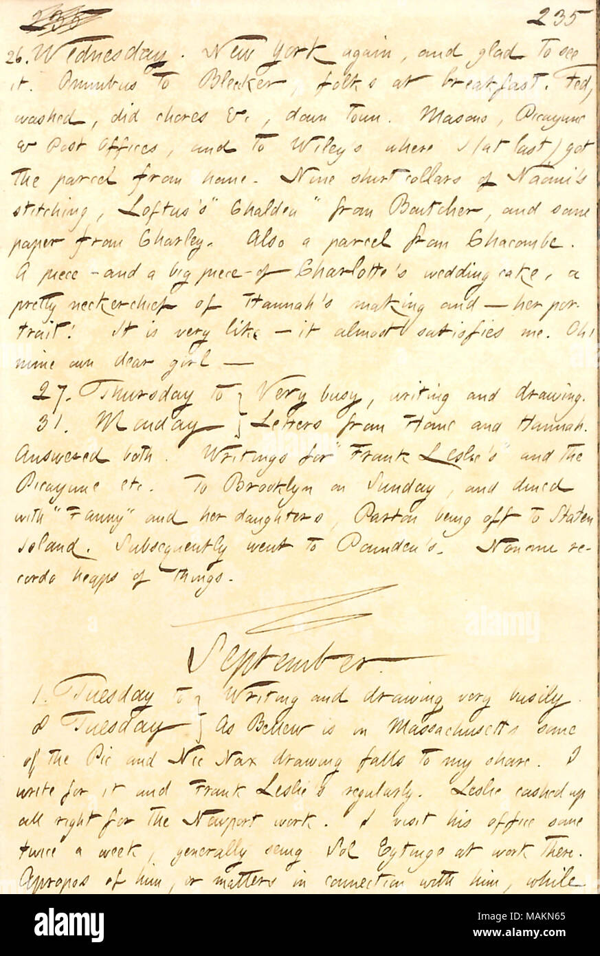 Mentionne avoir dîner avec Fanny Fern et ses filles, et être payé par Frank Leslie pour son histoire et les dessins à propos de Newport, Rhode Island. Transcription : 26. Le mercredi. New York, et heureux de le voir. [132] à l'Omnibus, Bleecker folks au petit-déjeuner. Nourri, lavé, n'corvées &c, le centre-ville. Les maçons, Jackson et les bureaux de poste, et de Wiley ?s où j'ai (enfin) reçu le colis à la maison. Les cols de chemise neuf de Naomi [Gunn] ?s de coutures, Loftus ?s ?ǣChalden ? À partir de [William] Boutcher, et certains papiers de Charley [Gunn]. Aussi une parcelle de Chacombe. Un morceau ? Et un gros morceau ? De Charlotte [Ga Banque D'Images