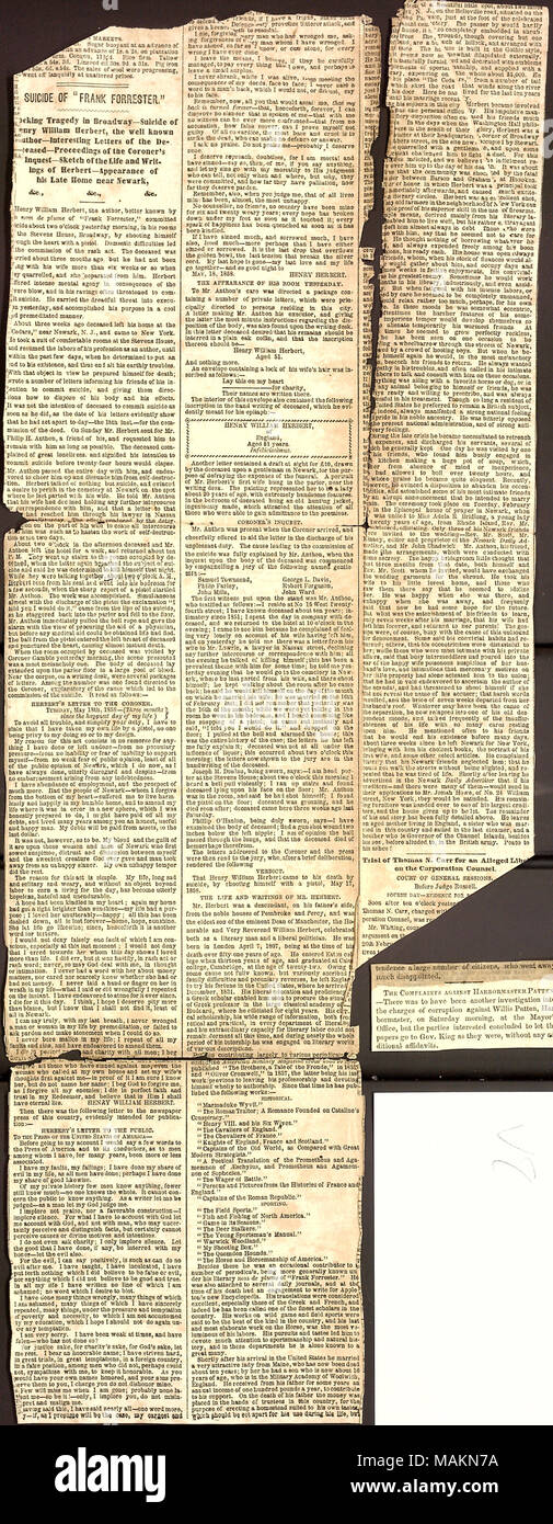 Coupure de journal concernant le suicide de l'écrivain Henry William Herbert. Transcription : SUICIDE D 'FRANK FORRESTER.' ? Tragédie choquante à Broadway ?Suicide de Henry William Herbert, le célèbre auteur ?lettres intéressantes du défunt ?Compte rendu de l'enquête du coroner ?Esquisse de la vie et les écrits de Herbert ?apparition de feu sa maison près de Newark, &c., &c., &c., ? Henry William Herbert, l'auteur, mieux connu sous le nom de plume de 'frank', Forrester s'est suicidé sur deux heures hier matin, dans sa chambre dans la maison Stevens, Broadway, en tirant h Banque D'Images