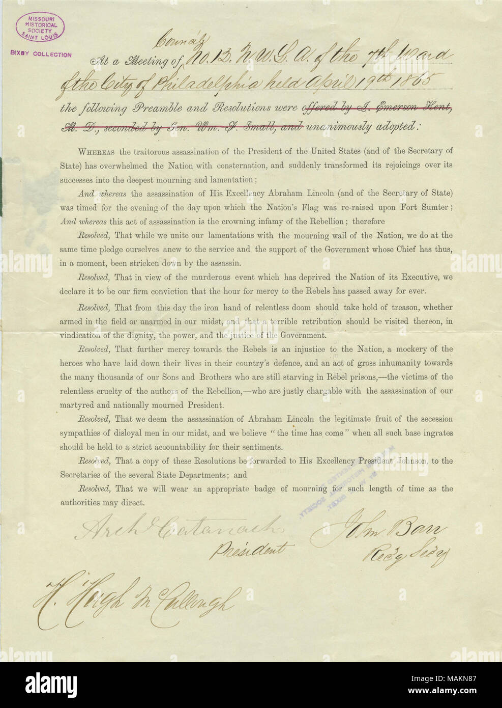 Titre : Résolution adoptée par le 7ème Quartier de la ville de Philadelphie relatives à l'assassinat de feu le président Lincoln, le 19 avril 1865 . 19 avril 1865. Barr, John Banque D'Images