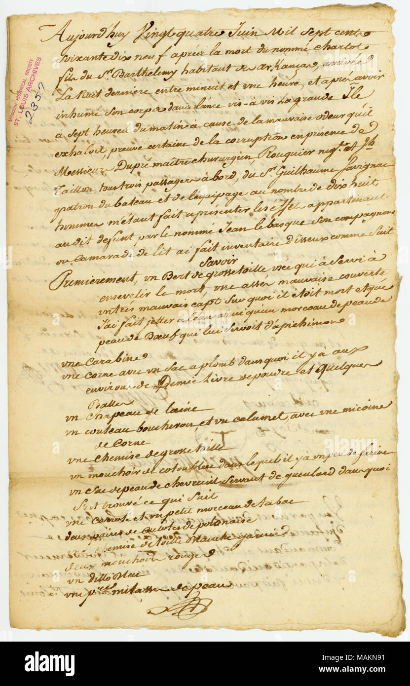 Titre : Document en ce qui concerne Marguerite dit Charlot, 24 juin 1779 . 24 juin 1779. Banque D'Images