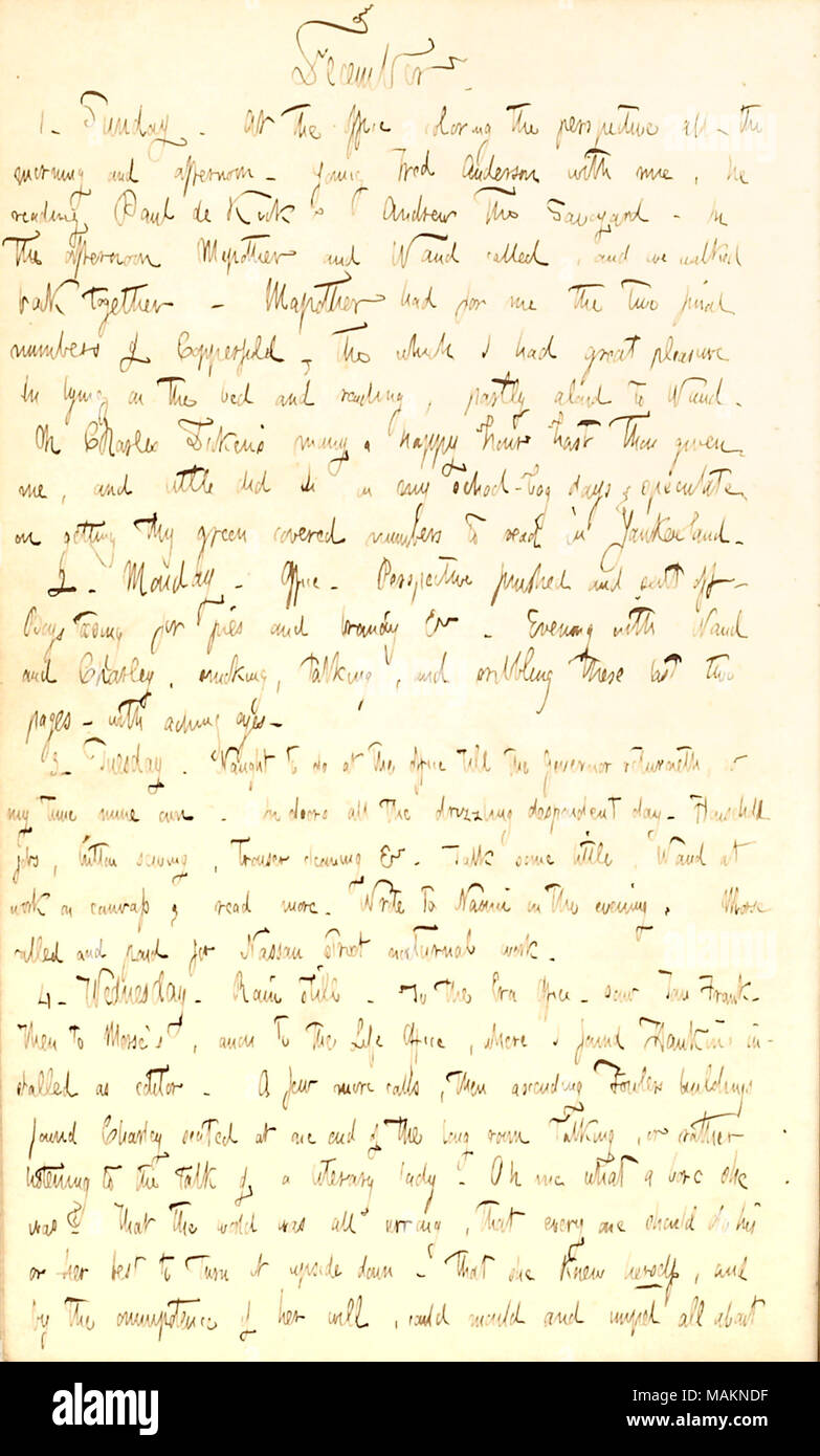 Commentaires sur son amour de Charles Dickens et sa conversation avec une dame littéraire. Transcription : Décembre. 1. Dimanche. Au bureau du point de vue coloration tous ? Le matin et l'après-midi. Young Fred Anderson avec moi, il a la lecture de Paul de Kock ?s Andrew La Savoyarde,. Dans l'après-midi [Dillon] Mapother [et] Alfred Waud appelé, et nous avons marché ensemble. Mapother avait pour moi les deux derniers nombres de [David] Copperfield ; l que j'ai eu grand plaisir à couché sur le lit et de la lecture à haute voix, en partie à Waud. Oh Charles Dickens beaucoup un happy hour as-tu données là, et je n'avais, dans mon école- Banque D'Images