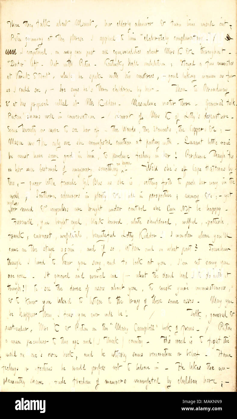 Commentaires sur Lotty Kidder son départ pour le Sud. Transcription : Puis ils parlent de monter, son [Margaret Brown ?s] Personnes âgées admirateur & lui tourner à l'envers ; [Thomas] Picton souriant à l'expression que j'ai demandé à l'ǣelaborately ?lui.  ? (Si [mot barré] J'ai rejetée, sur ma propre partie tous les equivocalities à propos de Mrs K &c tout au long de. Le ?ǣDoctor ? Gauche. Avec Picton. Virginia hall, l'imbibition ; nous y sommes restés quelques minutes à Varick Street, alors qu'il parle avec sa maîtresse ? Bon à la femme aussi loin que je pouvais voir ; ? Il dit qu'il ?s trois enfants par elle. Puis à Broadway et à son appel de proposition Banque D'Images