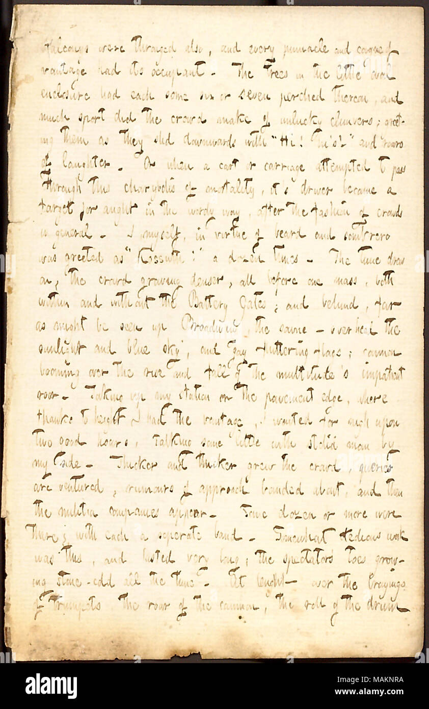 Décrit le jour de la visite de Lajos Kossuth à New York. Transcription : balcons étaient également bondé, et chaque mot pinnacle et [pas clair] de vantage avait son occupant. Les arbres dans le petit boîtier ovale avaient chacun six ou sept perché dessus, et que la foule n'sport beaucoup faire de la malchance, les saluant comme ils a glissé vers le bas avec ?ǣHi ! Hi ?s !  ? Et éclats de rire. Ou si vous utilisez un chariot élévateur ou tenté de passer à travers cette Charybde de la mortalité, il ?s driver est devenu une cible pour quelque chose dans la façon verbeuse, après la mode des foules en général. J'ai moi-même, en vertu de la barbe et ainsi Banque D'Images