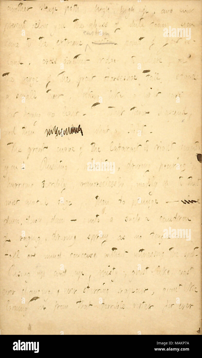 Décrit sa première journée à Niagara Falls, New York. Transcription : un autre chemin escarpé, haut, très haut, et toujours présents ci-dessous vous l'abîme de la mousse blanche vous venez à l'extrême ouest de l'avant de l'île Goat, traverser un autre pont, d'où, à la veille de la grande chute en fer à cheval, se dresse une petite tour, à la maison comme une lumière mais n'ayant pas de lumière. Cette tour je monte, et puis [mots rayés] Quel spectacle ! La grande courbe de la cataracte est juste en dessous de vous ! Rushing, plashing, la conduite coulée, se dépêchant terriblement, sans remords, follement sur à que plus horribles edge, puis de plonger ? Banque D'Images