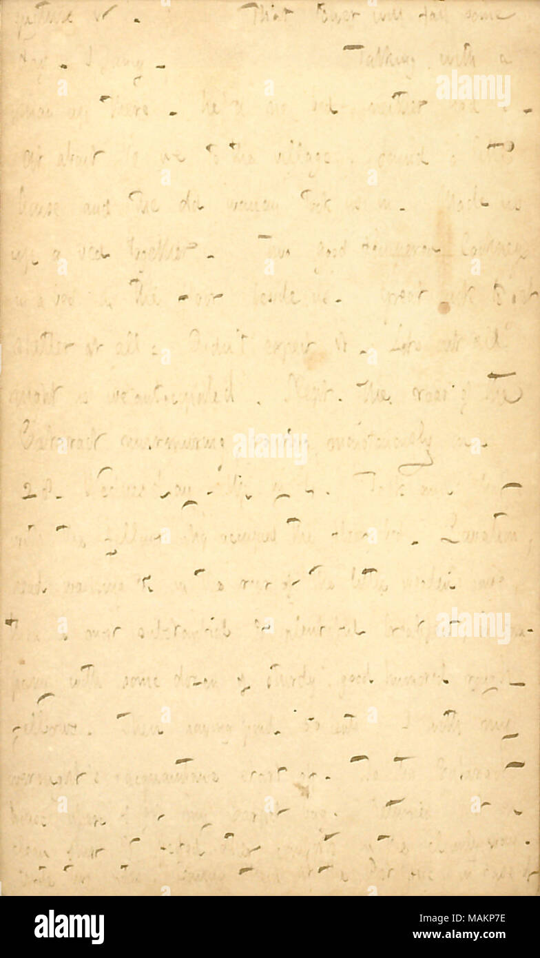 Décrit une maison se trouver un logement dans la région de Niagara Falls. Transcription : photo. Cette tour tombera un jour, j'imagine. Parler avec un homme là-haut ? Il ?d Pas de lit, ni avait I. à environ 10 au village, nous avons trouvé une petite maison et la vieille femme nous a pris en. Faites-nous un lit ensemble. Deux bonnes Cockneys trempé dans un lit sur le plancher à côté de nous. Grande chance d'obtenir un abri à tous. Le didn ?t'attendre. Permet à toute la nuit comme nous l'avions prévu. A dormi. Le rugissement de la cataracte qui murmurent sur monotone rugissant. 28. Le mercredi. Par 4. Parler et discuter avec les boursiers qui ont occupé la chaussée lit. Lavatio Banque D'Images