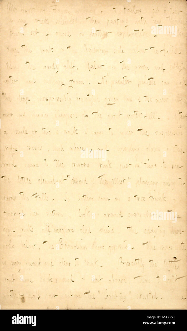 Décrit son deuxième jour à Niagara Falls, New York. Transcription : Mr [Henry] Hart ou Fagan, arrivant de tailleurs a obtenu un larme dans mon breeks mandé, puis la séparation avec mon ami Yankee partir seul sur une exploration. Marché sur la banque vers le bas du côté américain des chutes. Le long de la falaise boisée, ci-dessous vous le vert et l'eau, creusant et mousse. Pas de painters palette pouvez mock the deep, excessivement belle teinte verte de la rivière.) ci-dessous jamais et anon aperçus de la grande chute d'eau. Après un ou deux milles ?s de marche Je suis arrivé à l'endroit où le pont suspendu traverse, au-dessus, et windi Banque D'Images