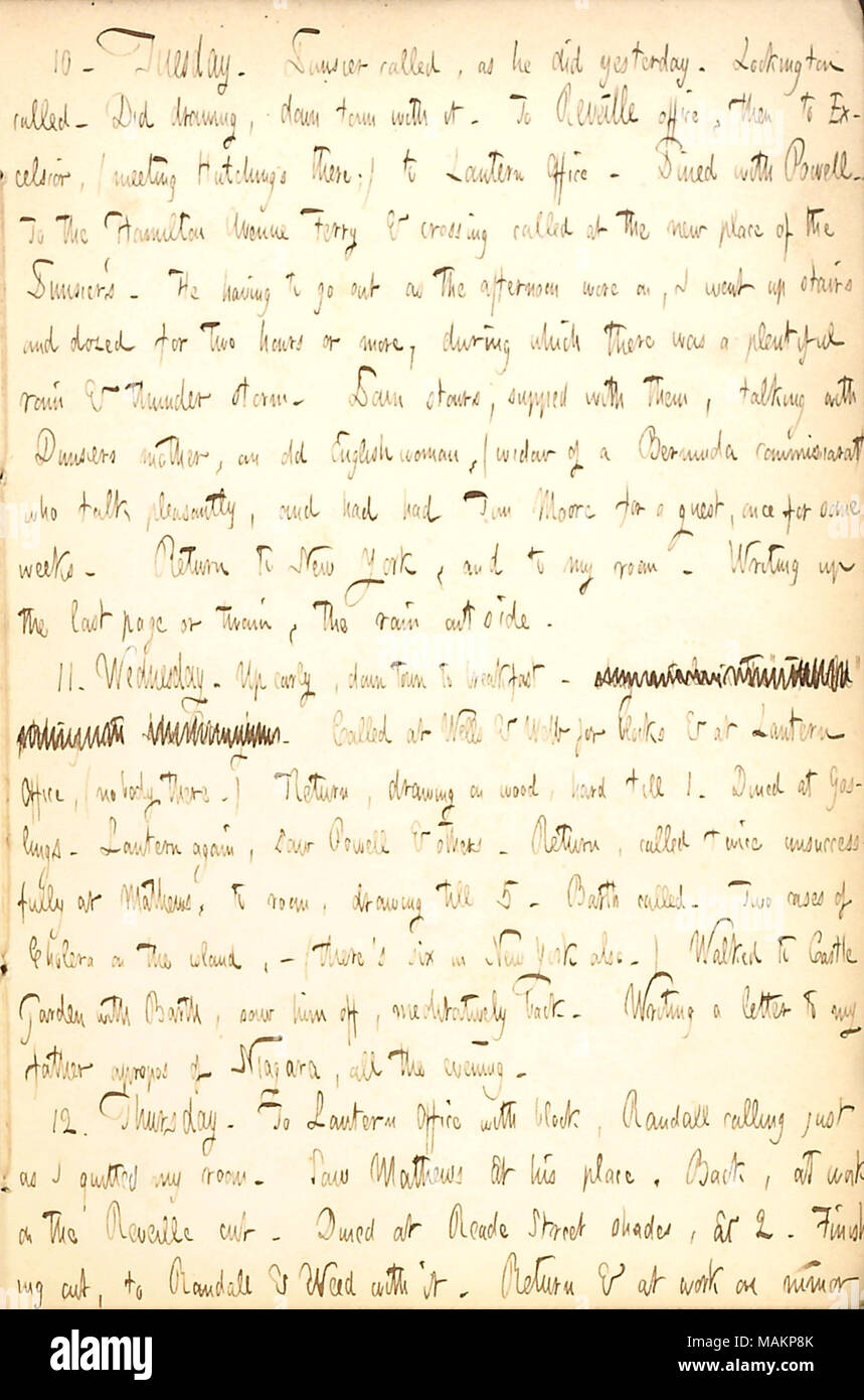 Après avoir décrit le dîner avec la famille. Dunsier Transcription : 10. Le mardi. Dunsier appelé, comme il l'a fait hier. Lockington appelé. N dessin, down town avec elle. Le Réveil de bureau, puis à l'Excelsior, (réunion [Richard B.] Hutchings Il y ;) pour Lantern Office. Dîné avec [Thomas] Powell. À l'Avenue de Hamilton & Ferry Crossing a appelé au nouveau lieu de l'Dunsiers. Il n'avoir à sortir l'après-midi avançait, je suis allé vers le haut des escaliers et dormait pendant deux heures ou plus, au cours de laquelle il y avait une pluie abondante & thunder storm. Dans les escaliers, soupé avec eux, parler avec Dunsiers mère, un vieil anglais Banque D'Images
