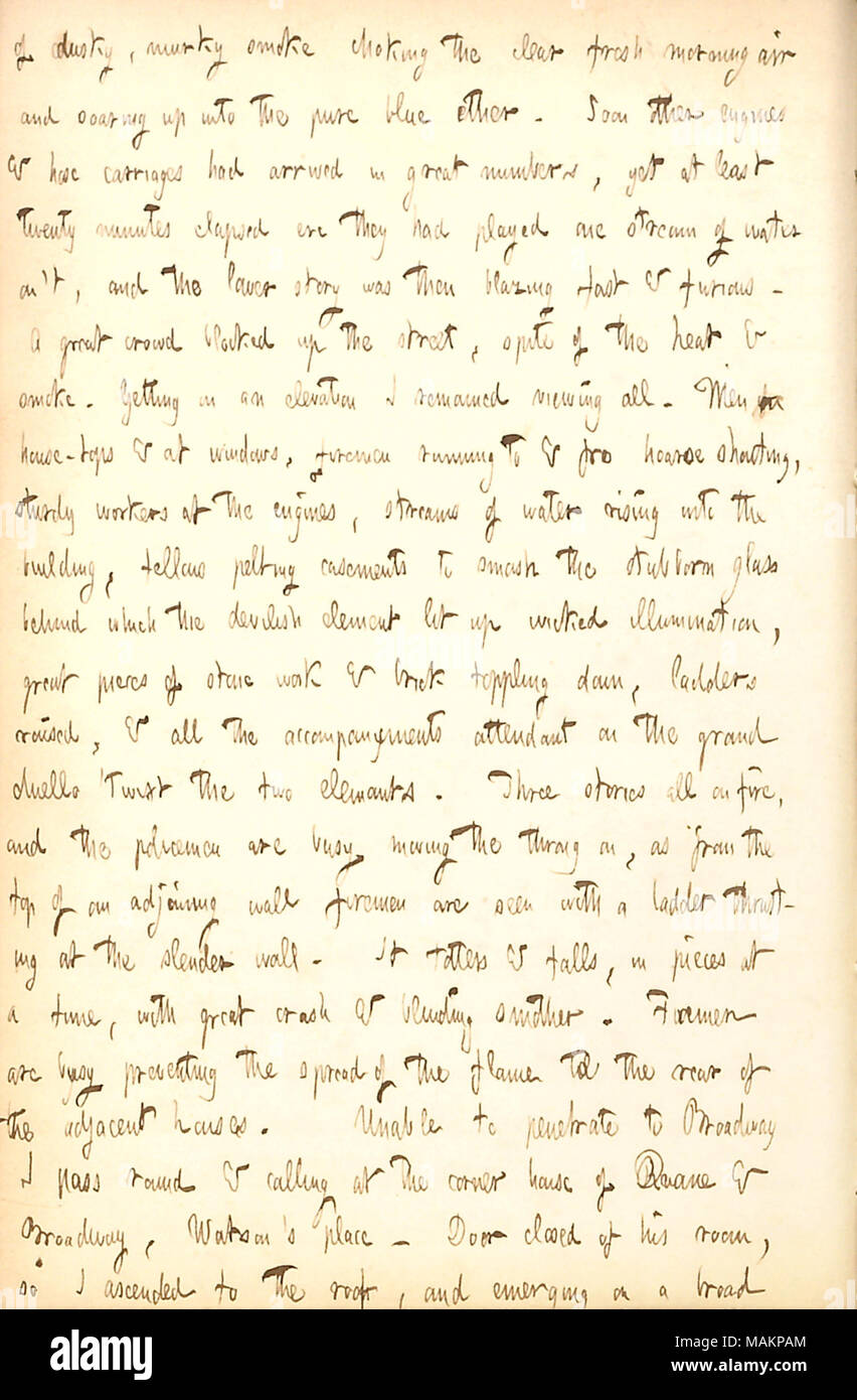 Décrit les témoins un incendie dans une usine de chocolat confiserie et en français. Transcription : de fumée sombre, sombre l'étouffement et l'air frais du matin clair planeur jusqu'à l'éther d'un bleu pur. Bientôt, d'autres moteurs et voitures flexible étaient arrivés en grand nombre, mais au moins vingt minutes se sont écoulées avant qu'ils avaient un flux d'eau plaqué sur le ?t, et l'étage inférieur était alors ultra rapide et furieux. Une grande foule bloquée jusqu'à la rue, malgré la chaleur et la fumée. Obtenir sur une élévation Je suis resté l'affichage de tous. Les hommes sur house-hauts et à l'exécution de Windows, les pompiers & fro, criant rauque travailleurs robustes à th Banque D'Images
