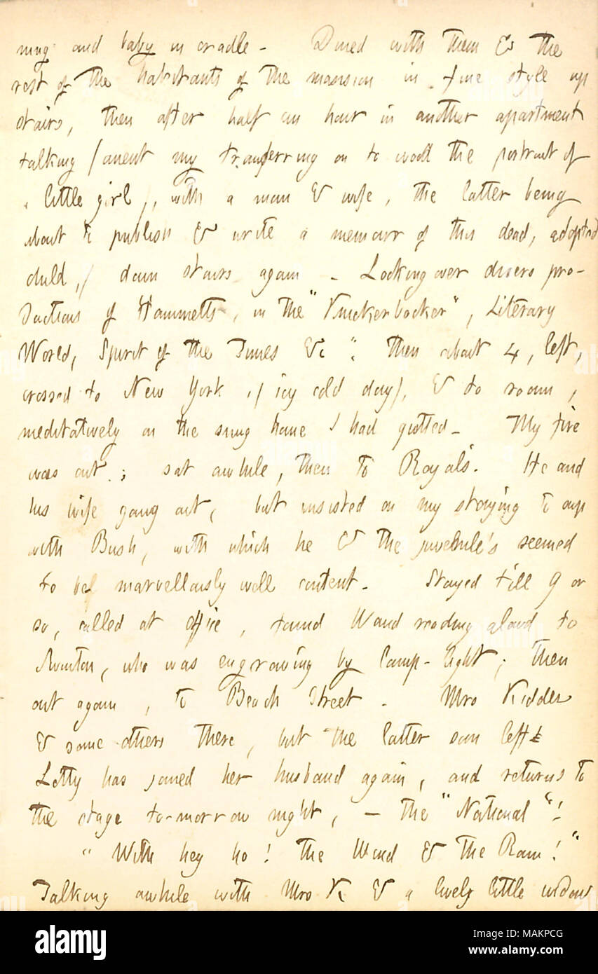 Mentionne que Lotty Kidder a obtenu l'arrière avec son ex-mari, Jean Whytal. Transcription : [bur]et ning bébé en berceau. Dîné avec eux [M. et Mme] Hammett et le reste des habitants du manoir dans un cadre raffiné à l'étage, puis après une demi-heure dans un autre appartement à parler (anent mon transfert sur au bois le portrait d'une petite fille), avec un homme & femme, cette dernière étant sur le point de publier et d'écrire un mémoire de cette mort, un enfant adopté) dans les escaliers à nouveau. À la recherche sur divers productions de Hammetts, dans le ?ǣKniccurbocker, ? Monde littéraire, esprit du temps &c, ? Puis Banque D'Images