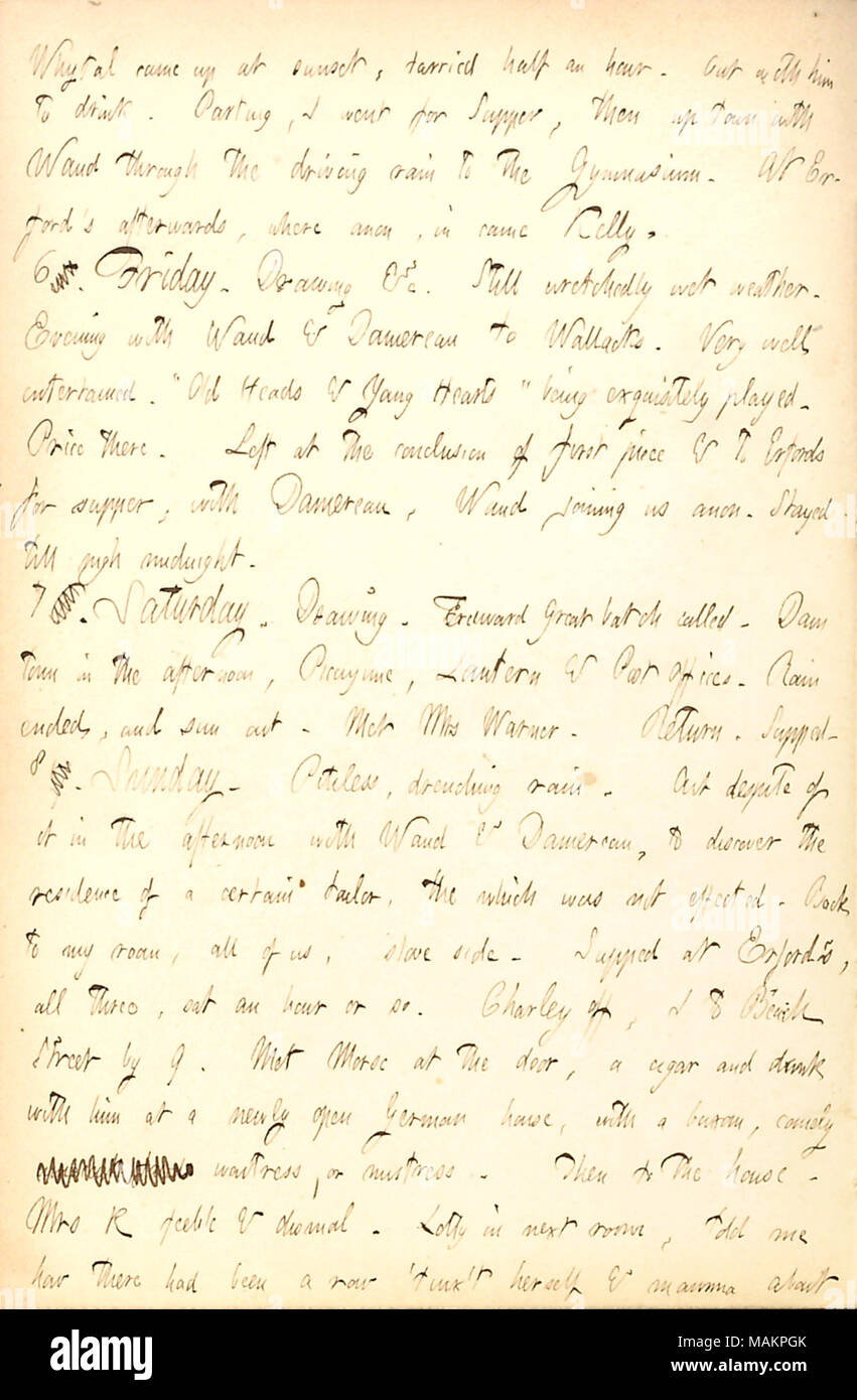 Légales aller au théâtre et une lutte entre Lotty et Rebecca Kidder. Transcription : [John] Whytal est venu jusqu'au coucher du soleil, resta une demi-heure. Avec lui à boire. Adieu, je suis allé pour le souper, puis jusqu'à la [ville] Alfred Waud à travers la pluie au gymnase. À Erford ?s par la suite, où est entrée dans anon, Kelly. 6 7 </de ; >. Vendredi. Dimensions &c. Toujours désespérément humide. Soirée avec Waud & [Charles] Damoreau Wallacks à. Très bien amusé. Chefs & ǣOld ?Jeunes Coeurs ? Être joué de manière exquise. Il y a de prix. Gauche à la conclusion de la première pièce et à Erfords pour le souper, avec Dam Banque D'Images