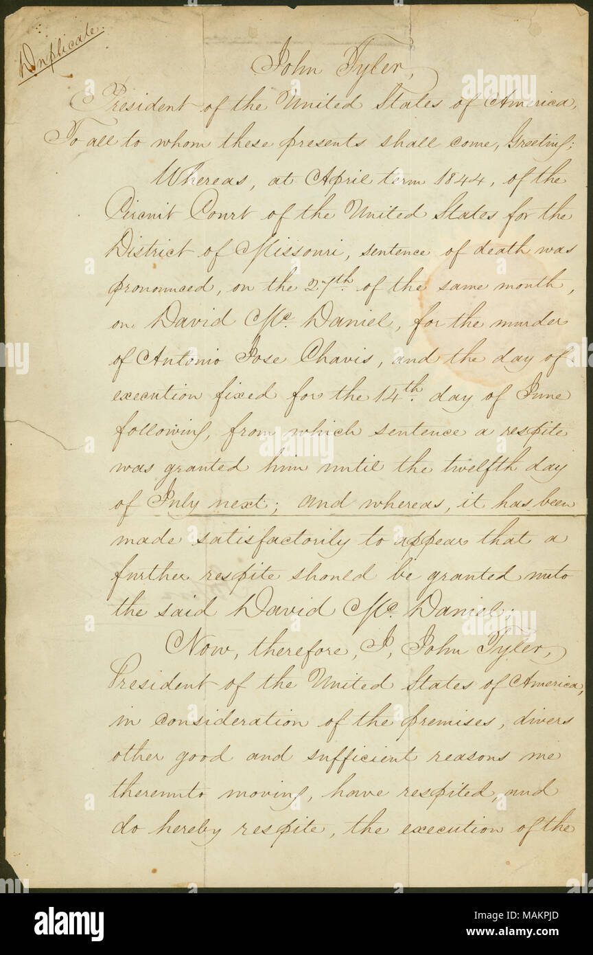 Le document de réhabilitations David McDaniel d'une condamnation à mort pour le meurtre. Également signée par le secrétaire d'État, J.C. Calhoun. Titre : Grâce à David C. McDaniel pour meurtre d'Antoine Jose Chavis, signé John Tyler, Washington (double), 21 juin 1844 . 21 juin 1844. Tyler, John, 1790-1862 Banque D'Images