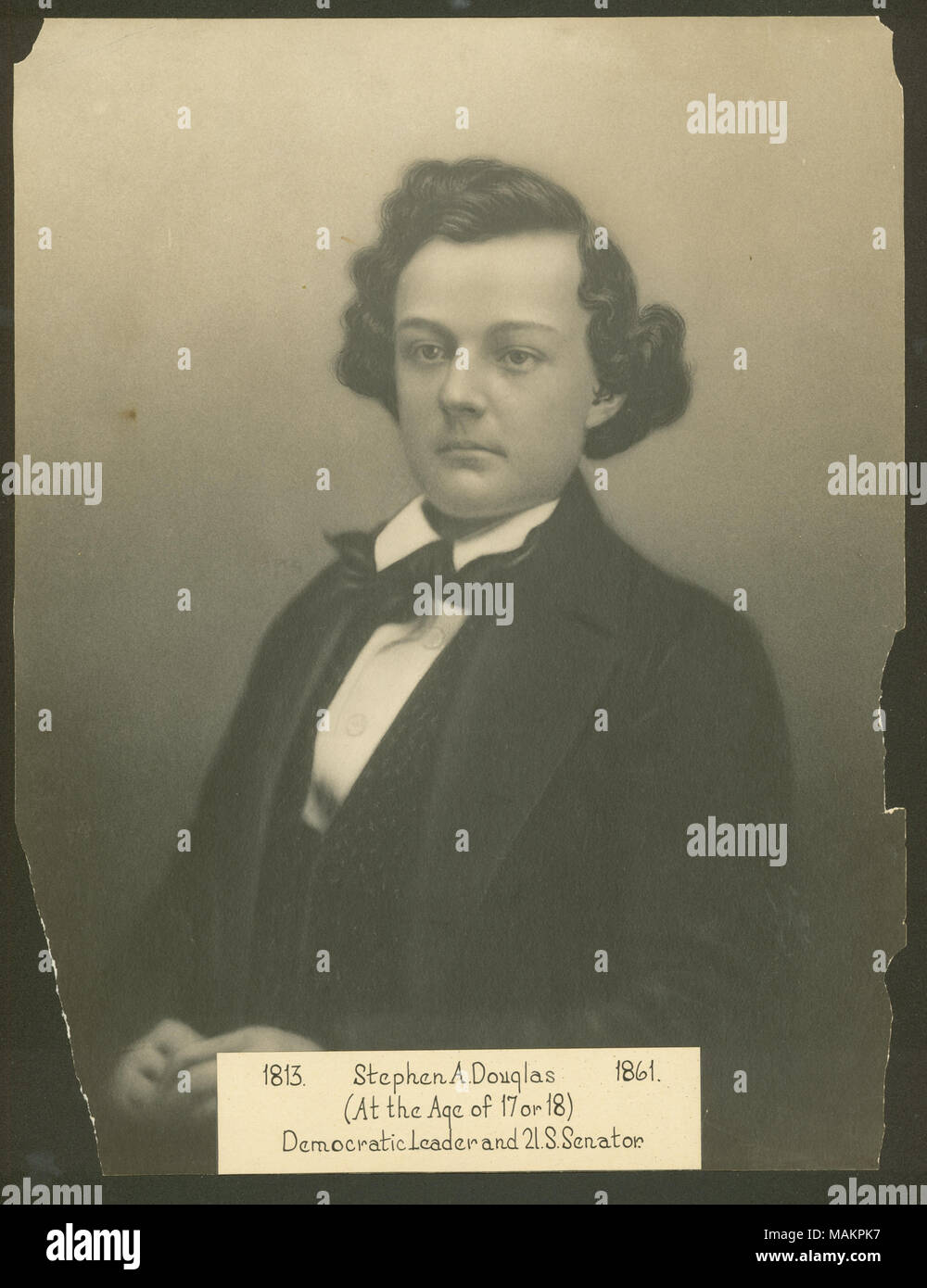 Portrait de mi-longueur d'un homme en costume s'est tourné vers la gauche. '1813 Stephen Douglas 1861. (À l'âge de 17 ou 18) leader démocratique et le sénateur des États-Unis.' (écrit sous l'image). Titre : Stephen Douglas (à l'âge de 17 ou 18). . Entre vers 1830 et vers 1835. Banque D'Images