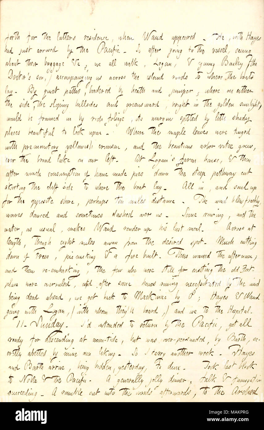Décrit l'arrivée d'Alfred Waud et Hayes sur l'île Mackinac. Transcription : suite à ces derniers [Logan ?s] Résidence, lorsque [Alfred Waud] est apparu. Il a, avec Hayes venait juste d'arriver par le Pacifique. Si après être allé à la cuve, voir à propos de leurs bagages &c, nous marchons tous, Logan, & Young Bailey (le médecin ?s, fils) nous accompagne à travers l'île pour les routes où les bateaux jeter. Par des chemins tranquilles, bordé par Heath et Juniper, où soit sur le côté, les collines en pente douce et lumineuse, dans le greensward lumière dorée, serait encadré dans de riches, feuillage, sa marge repéré à peu ombragé p Banque D'Images