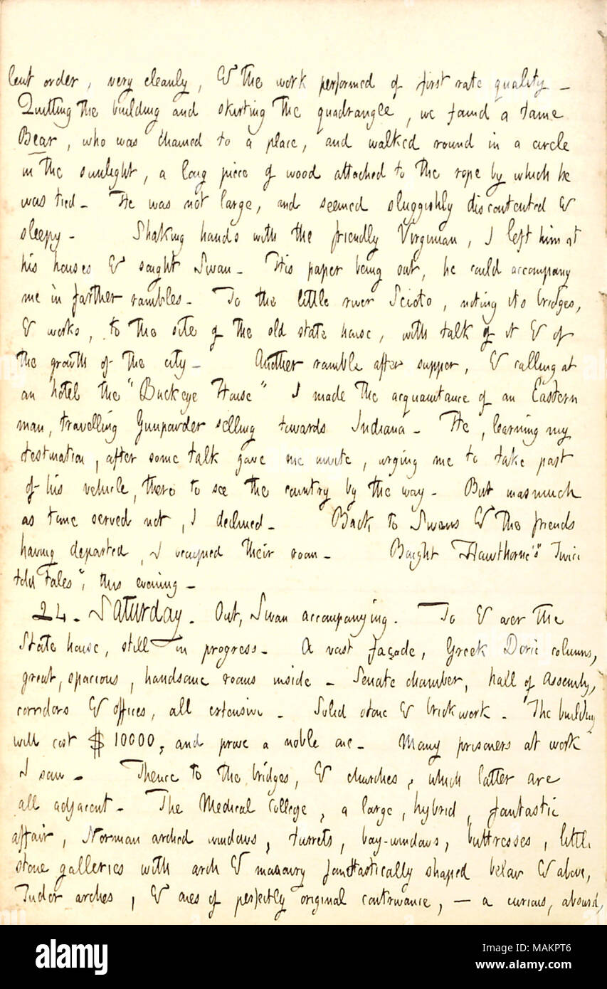 Décrit une visite à la State House et le Medical College à Columbus, Ohio. Transcription : [excel]ordre carême, très proprement, & le travail effectué d'une qualité totale. L'abandon de l'immeuble et longeant le quadrangle, nous avons trouvé un ours apprivoisé, qui était enchaîné à un endroit, et fit le tour en cercle dans la lumière du soleil, un long morceau de bois attaché à la corde par laquelle il était lié. Il n'était pas grand, et semblait très lentement et mécontents somnolent. Serrer la main avec le Virginian, je lui laisse à ses maisons & demandée [George M.] Swan. Son papier [Columbus Ascenseur], il pourrait être accompan Banque D'Images