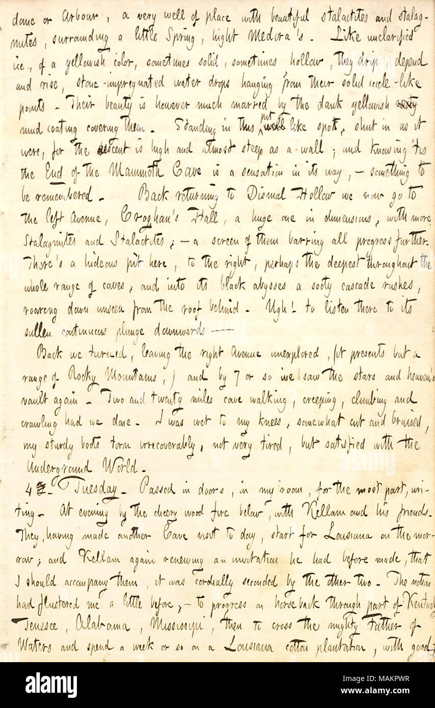 Décrit une visite de grotte Mammoth dans le Kentucky. Transcription : dome ou Arbour, un très bien de place avec de belles stalactites et stalagmites, entourant un peu de printemps, hight Medora ?s. Comme inexpliqué de la glace, d'une couleur jaunâtre, parfois, parfois solides, creux, ils dépendent d'égouttement et lieu, la pierre d'eau gouttes suspendues à leur solide icicle-comme des points. Leur beauté est cependant beaucoup gâché par le revêtement de boue jaunâtre dank misty qui les couvre. Debout dans cette fosse bien comme endroit, dans l'arrêt qu'il s'agissait, pour la descente est élevé et presque raide comme un mur ; et sachant ?tis la fin de Banque D'Images Décrit une visite de grotte Mammoth dans le Kentucky. Transcription : dome ou Arbour, un très bien de place avec de belles stalactites et stalagmites, entourant un peu de printemps, hight Medora ?s. Comme inexpliqué de la glace, d'une couleur jaunâtre, parfois, parfois solides, creux, ils dépendent d'égouttement et lieu, la pierre d'eau gouttes suspendues à leur solide icicle-comme des points. Leur beauté est cependant beaucoup gâché par le revêtement de boue jaunâtre dank misty qui les couvre. Debout dans cette fosse bien comme endroit, dans l'arrêt qu'il s'agissait, pour la descente est élevé et presque raide comme un mur ; et sachant ?tis la fin de Banque D'Images