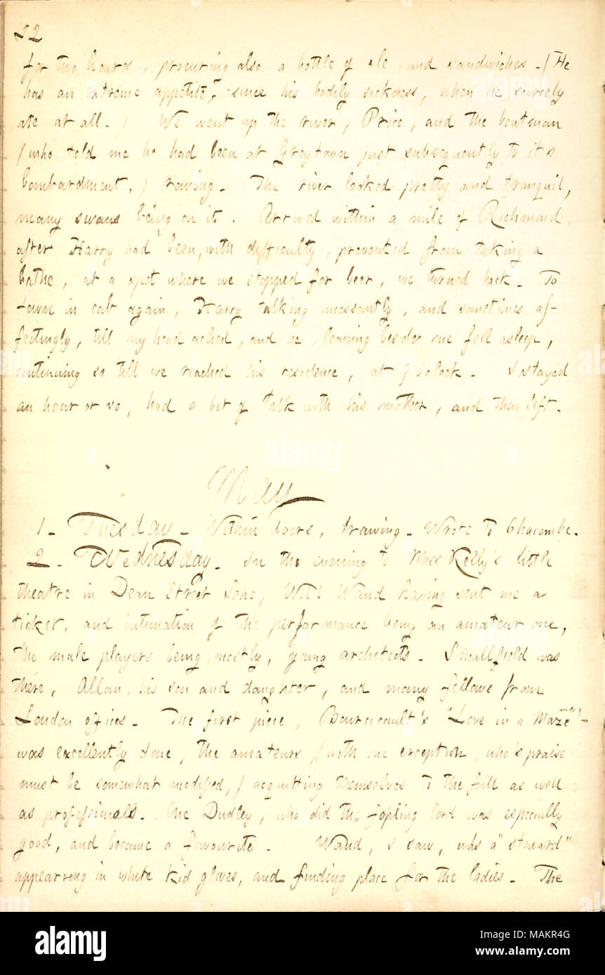 Décrit la participation à un spectacle de théâtre amateur par Londres architectes à Mlle Kelly's theatre. Transcription : pendant deux heures, le proxénétisme a également une bouteille de bière et des sandwiches. (Il [Prix] Harry a un appétit extrême, depuis sa maladie physique, lorsqu'il a à peine mangé à tous.) Nous sommes allés jusqu'à la rivière, le prix, et le batelier (qui m'a dit qu'il avait été à Greytown juste par la suite de son bombardement,) de l'aviron. La rivière était assez tranquille et, de nombreux cygnes étant sur elle. Arrivé à moins d'un mile de Richmond, après que Harry avait été, avec difficulté, l'empêcher de prendre un bain, à un endroit où nous nous sommes arrêtés f Banque D'Images