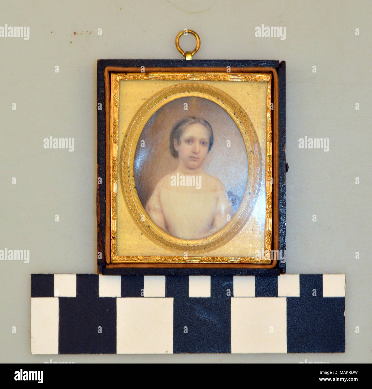 Portrait à l'huile de Zelina Miniature sur ivoire Berthold monté dans un cas de l'union du bois. Titre : Portrait miniature de Zelina Berthold . Entre 1846 et 1850. Banque D'Images