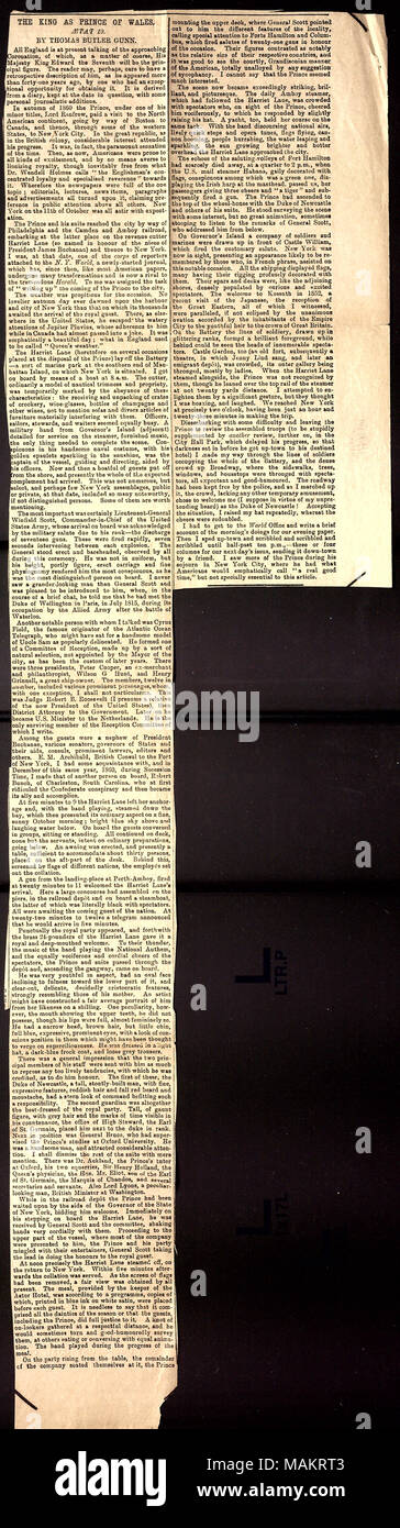 Coupure de journal écrit par Gunn concernant la visite du Prince de Galles (Edward VII) à New York en 1860. Titre : Thomas Butler Gunn Diaries : Volume 19, page 281, 1901 [coupure de presse] . 1901. Gunn, Thomas Butler, 1826-1903 Banque D'Images