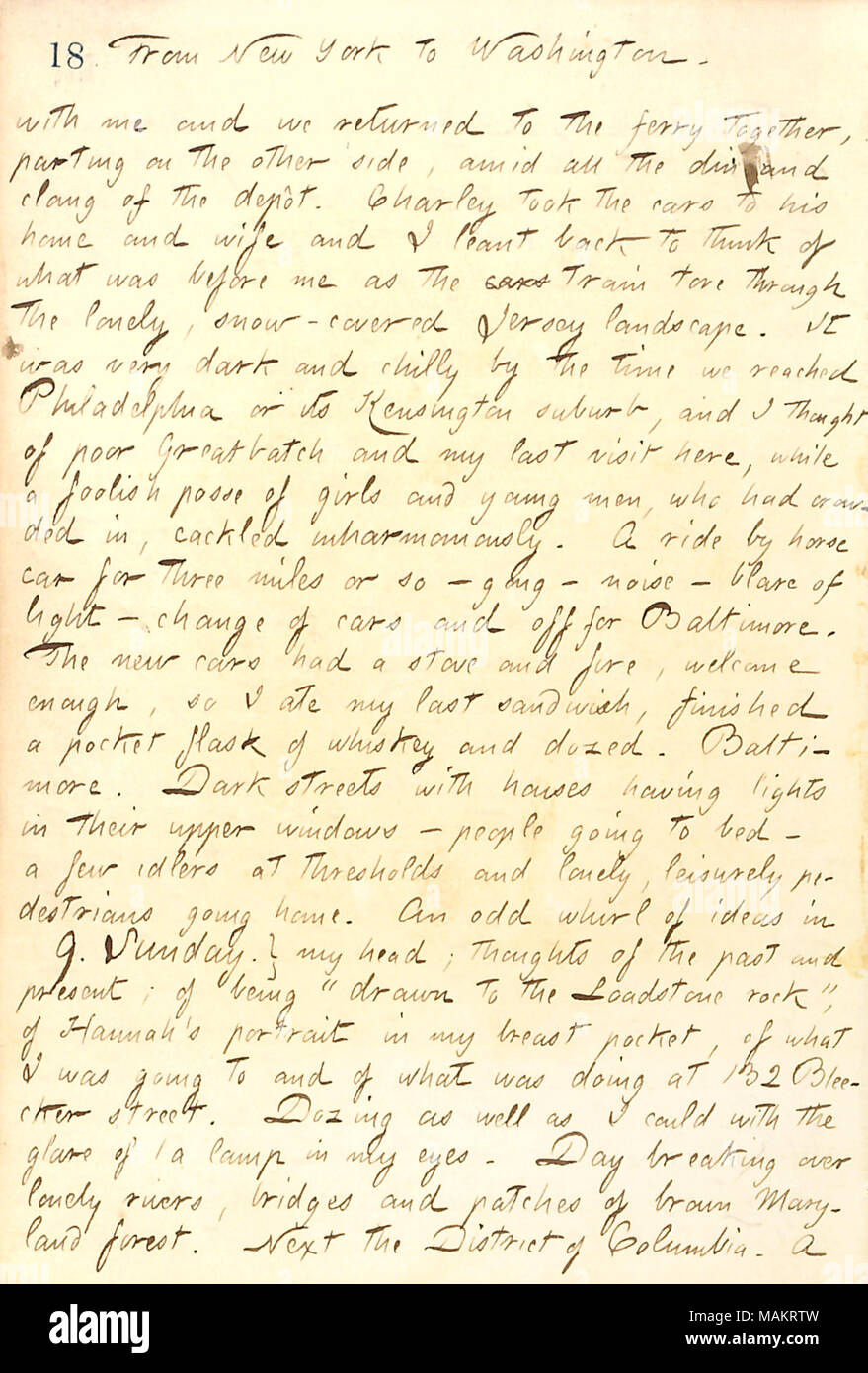 Décrit son voyage en train à Washington. Titre : Thomas Butler Gunn Diaries : Volume 19, page 25, 8 mars 1862 . 8 mars 1862. Gunn, Thomas Butler, 1826-1903 Banque D'Images